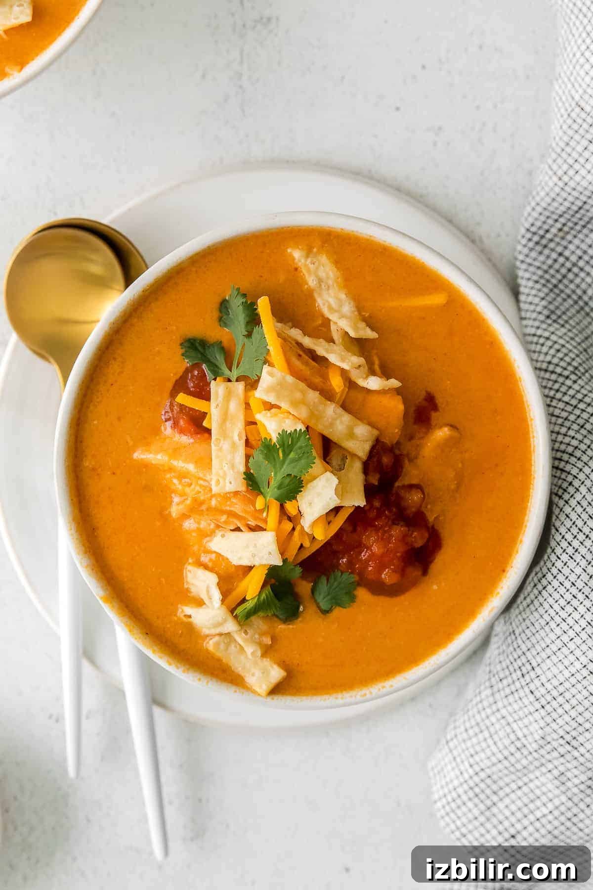 A bowl of Chilis Chicken Enchilada Soup.