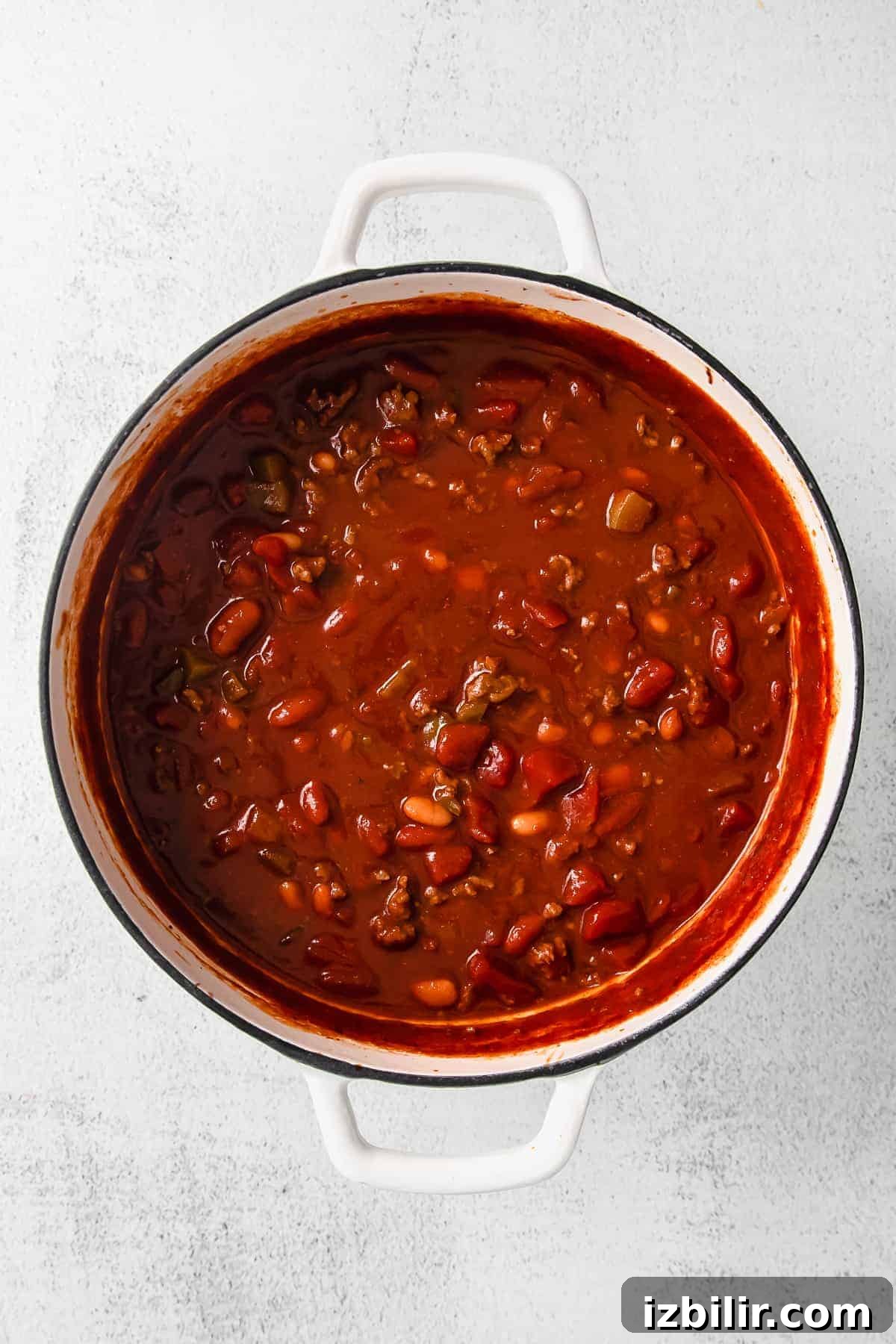 Chili simmering in pot Stock pot of chili simmering