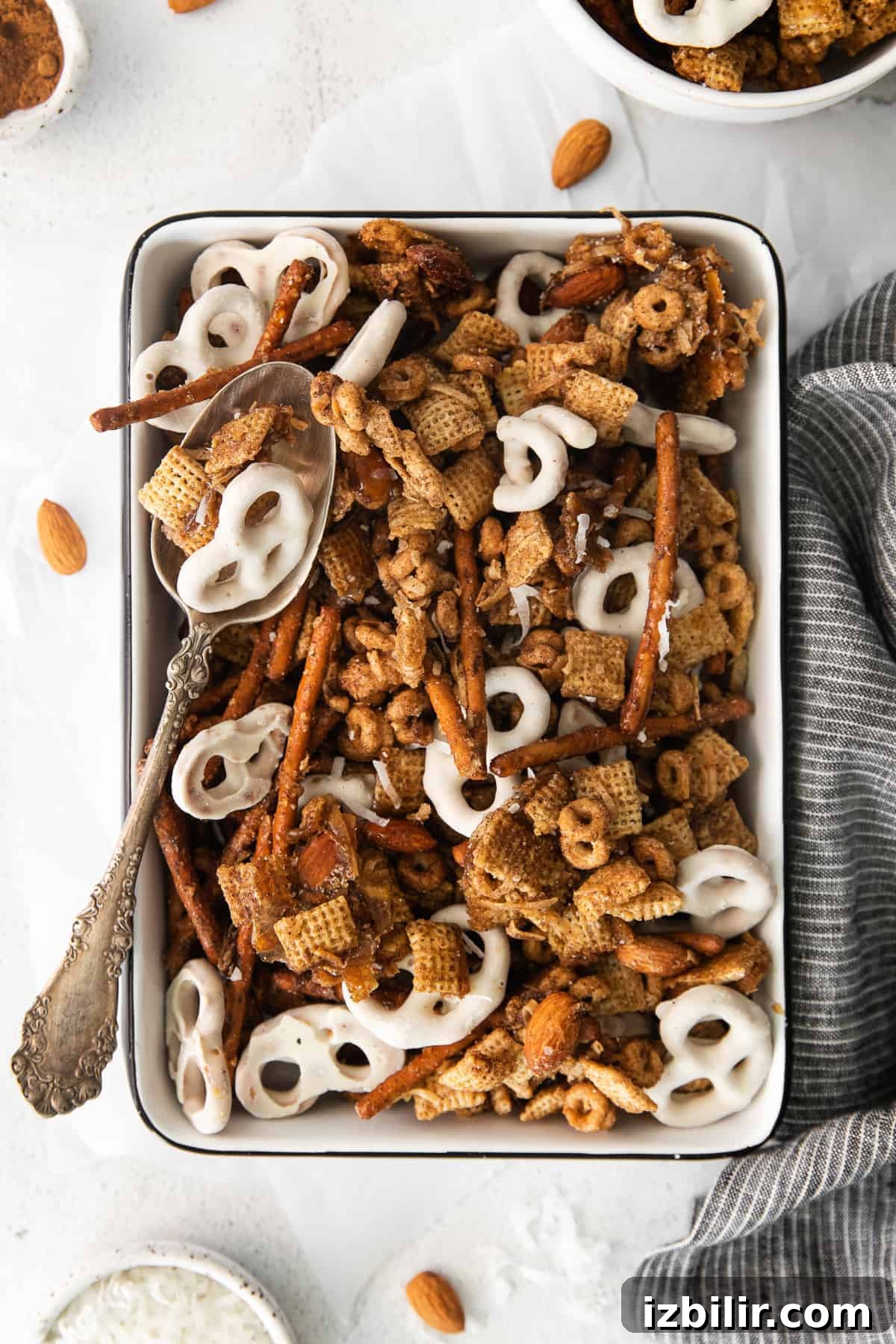 Chai chex mix in a pan.