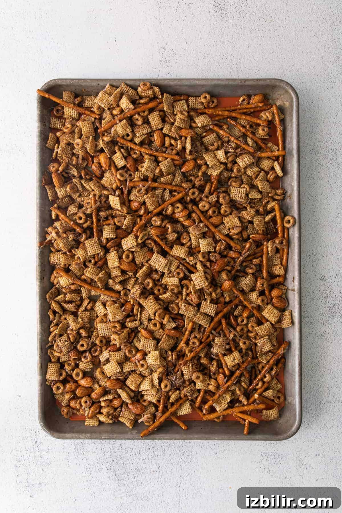 A pan of chai chex mix.
