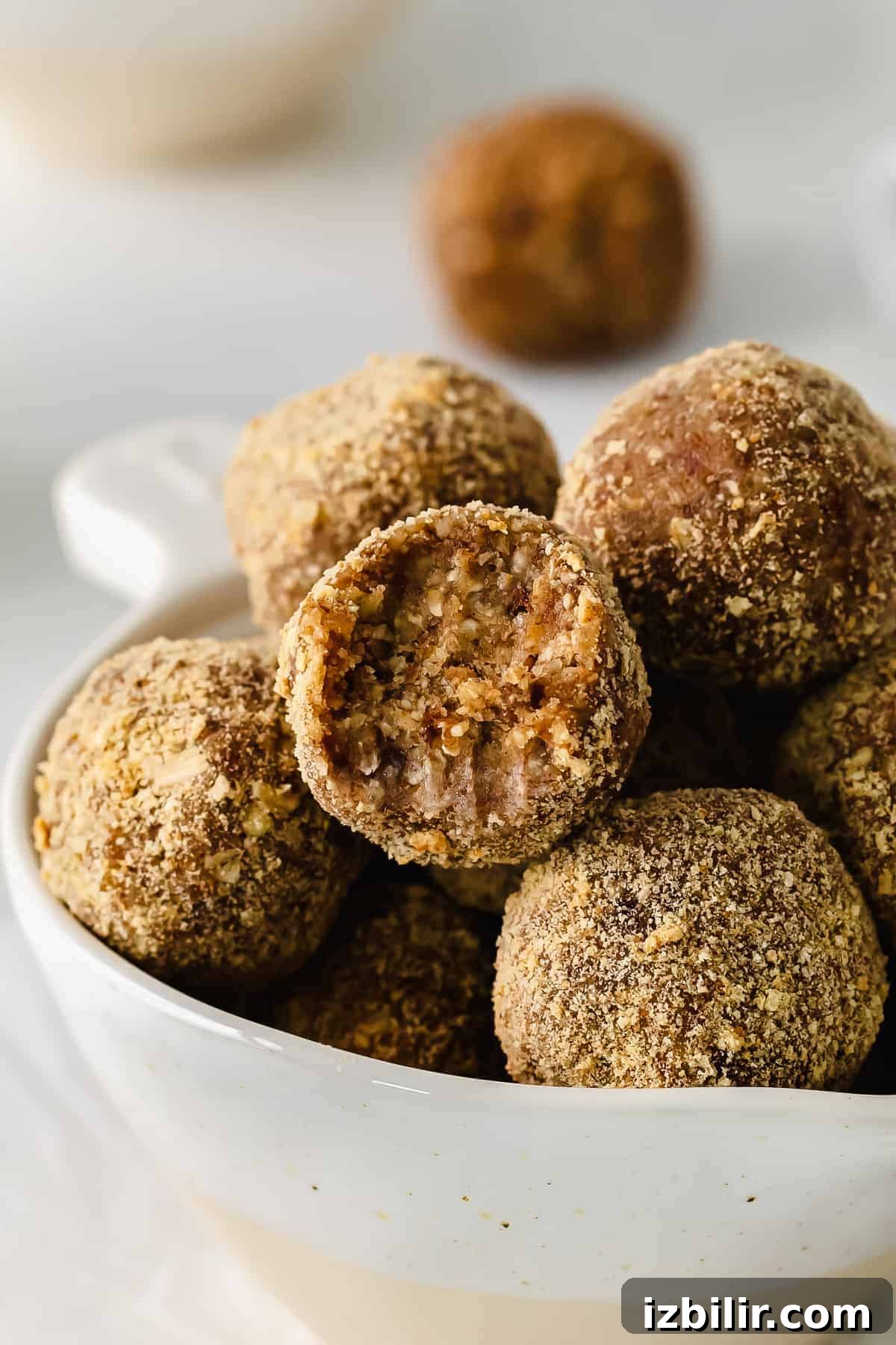 No-Bake Pecan Pie Energy Balls Recipe 2 Pecan pie balls in a bowl.