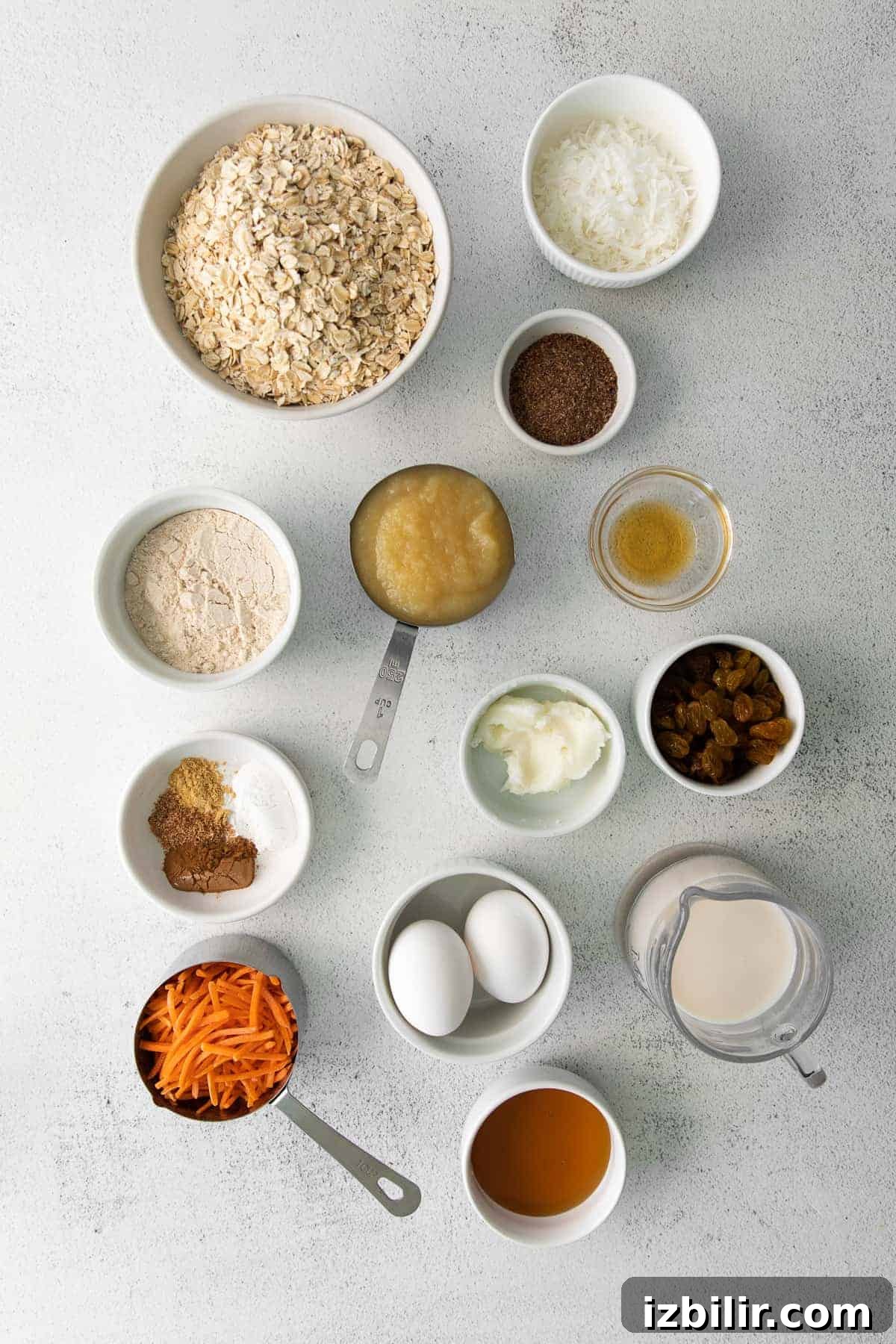 Ingredients for Morning Glory Baked Oatmeal morning glory baked oatmeal ingredients in bowls, ready to be mixed together