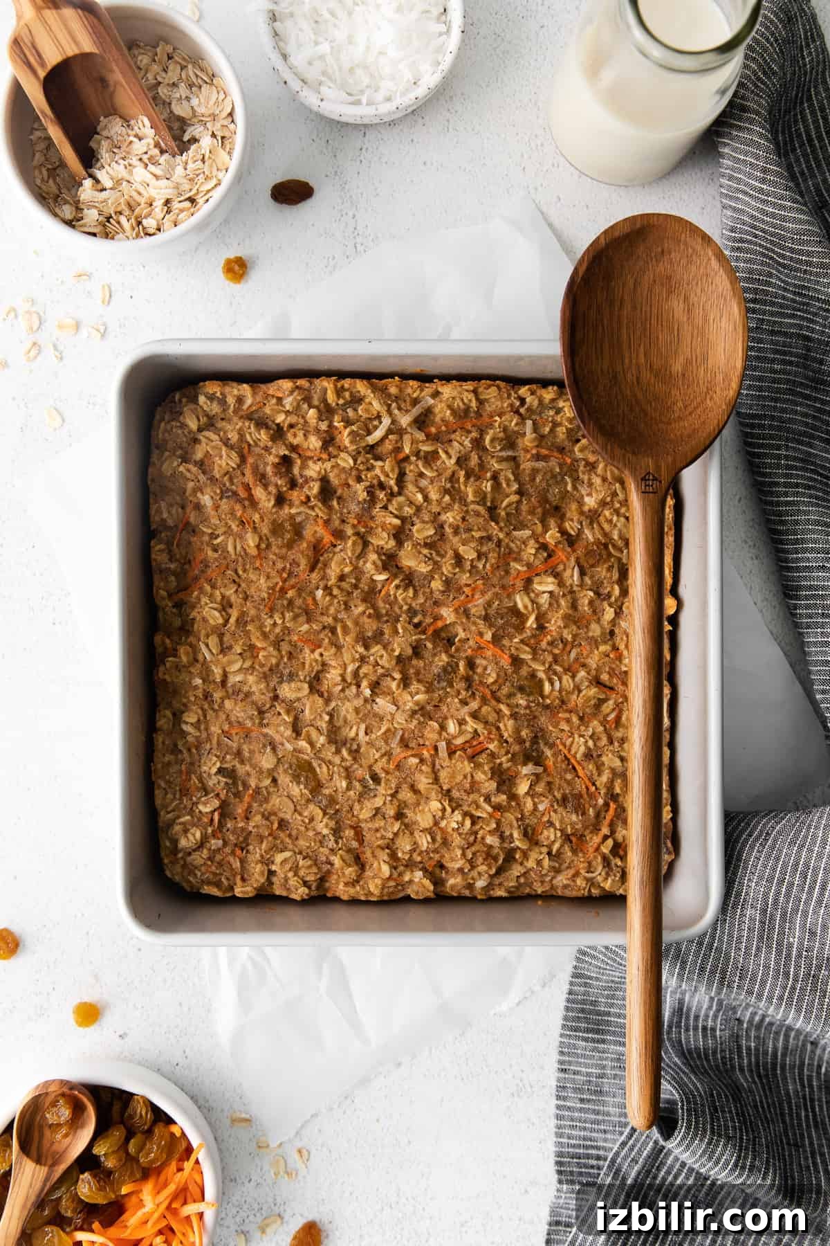 Baked Morning Glory Oatmeal in pan morning glory baked oatmeal after being baked in a square pan