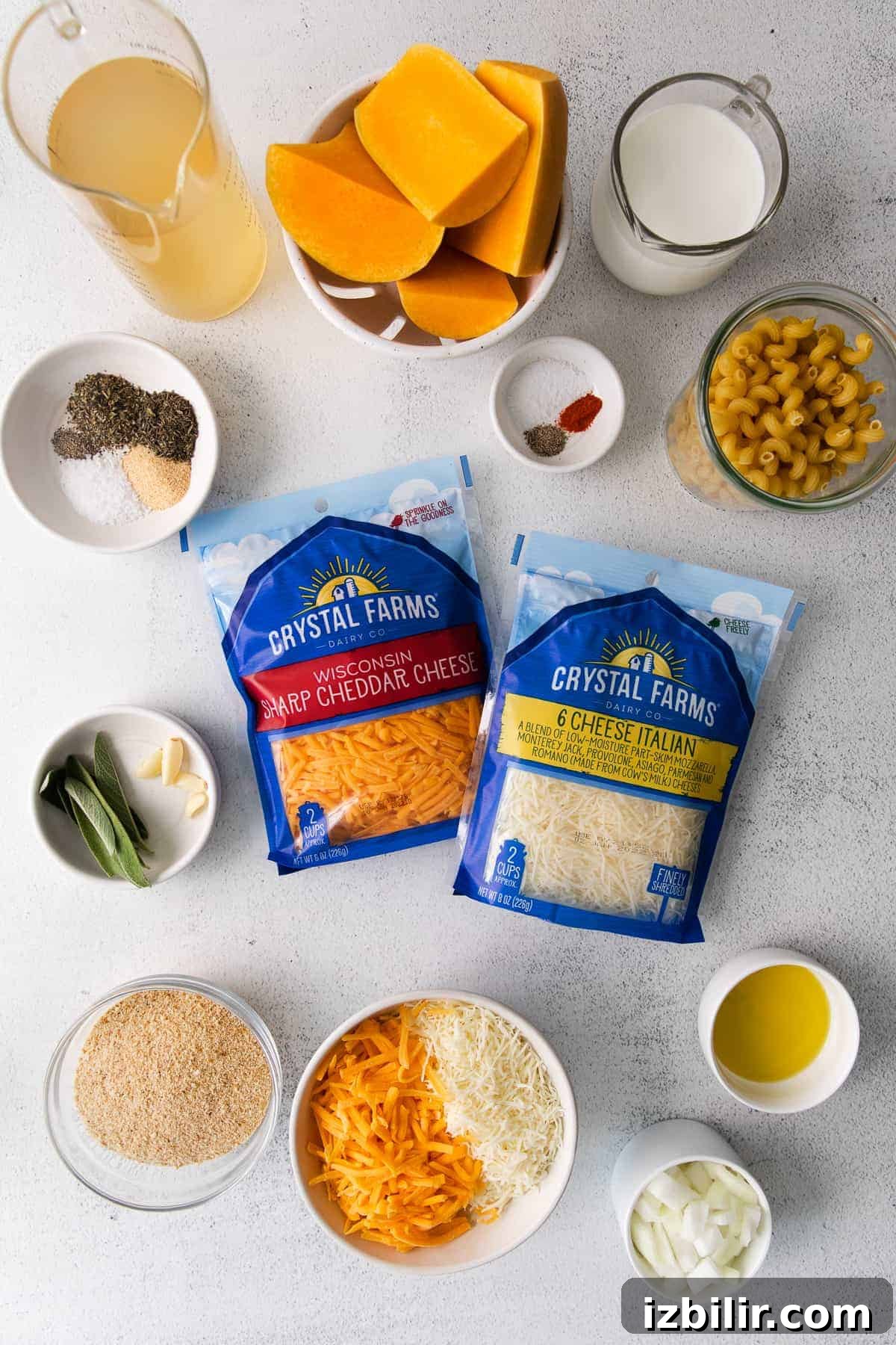 Butternut squash mac and cheese ingredients ready to be mixed together