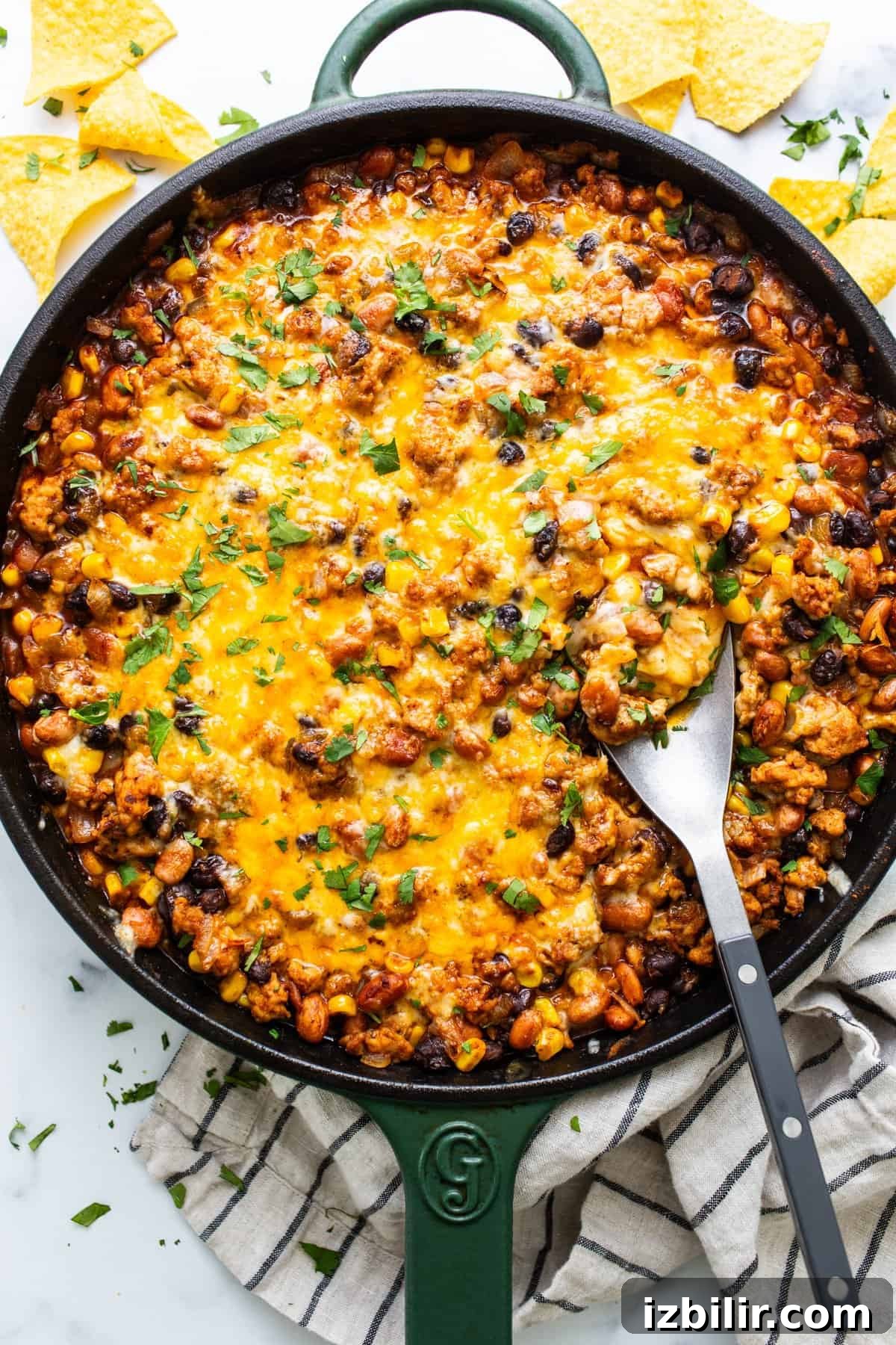 Light Enchilada Dip Recipe with Black Beans and Cheese 2 A skillet of baked cheesy chili with a side of tortilla chips.