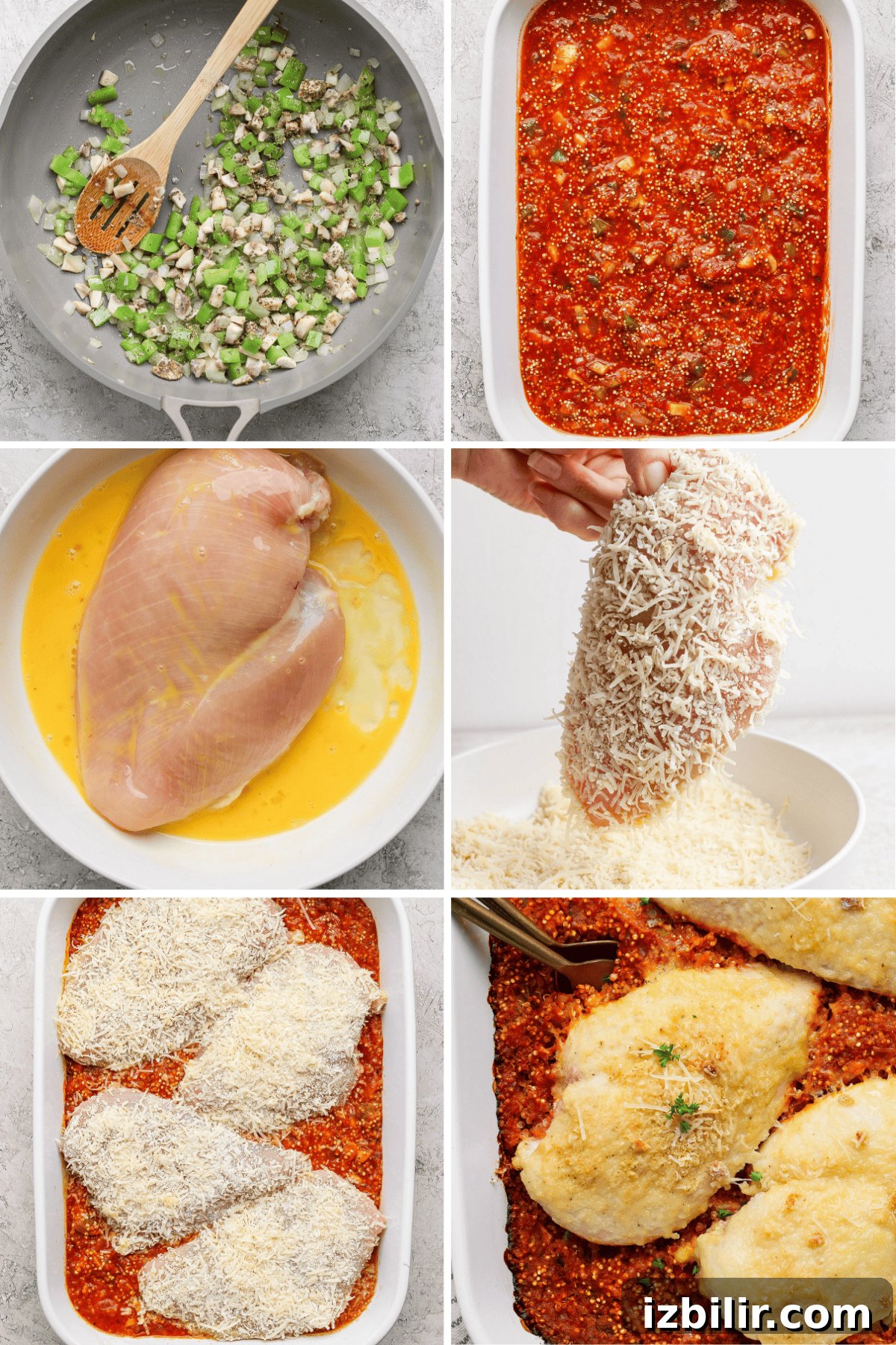 Step-by-step process: sautéing vegetables, layering sauce, coating chicken, and baking until golden.