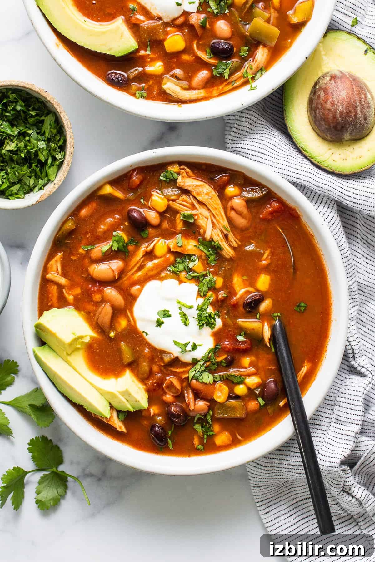 Crockpot Chicken Enchilada Soup Recipe 6 Serving suggestion: soup in a bowl with tortilla chips