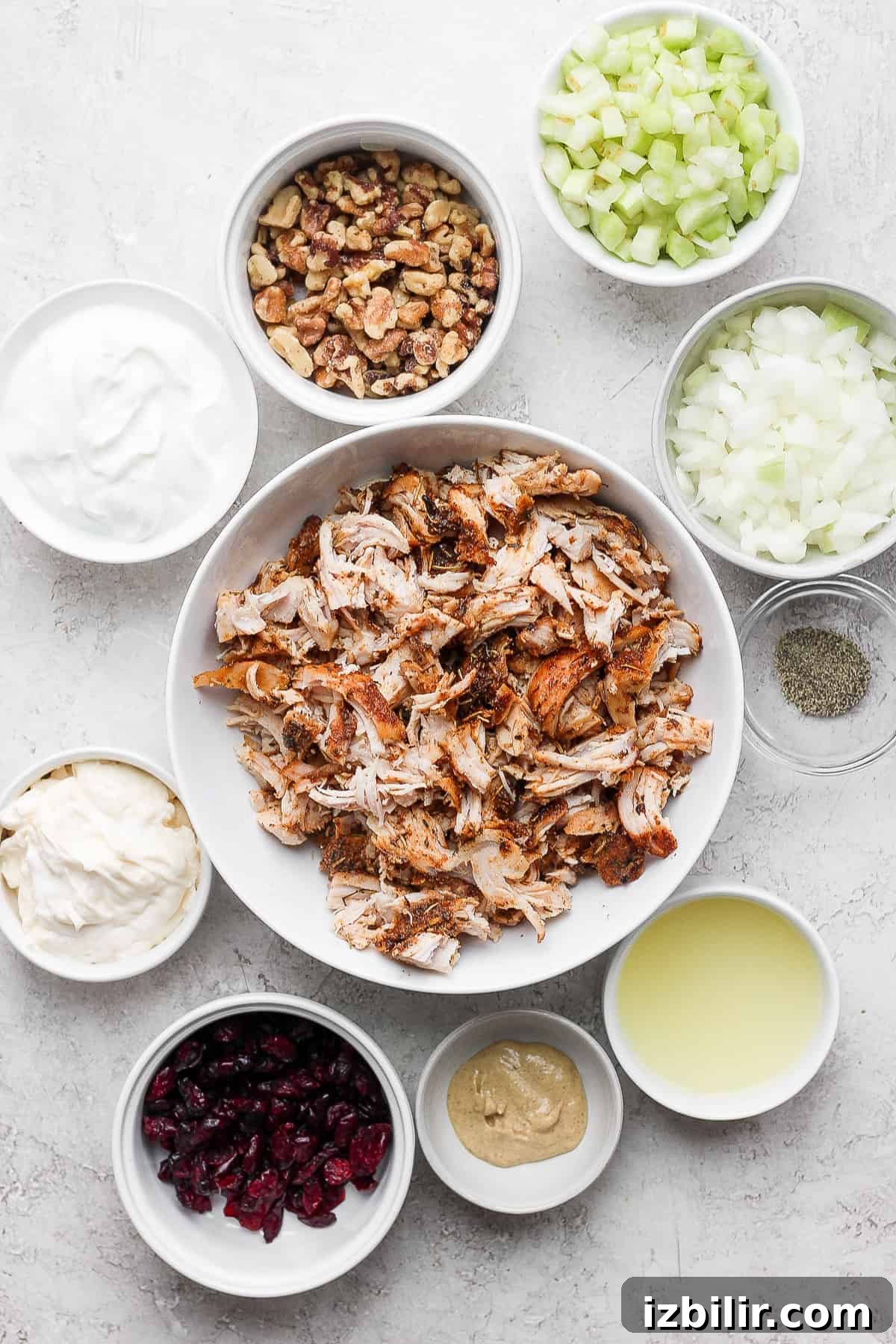 Ingredients for turkey salad in a big bowl.