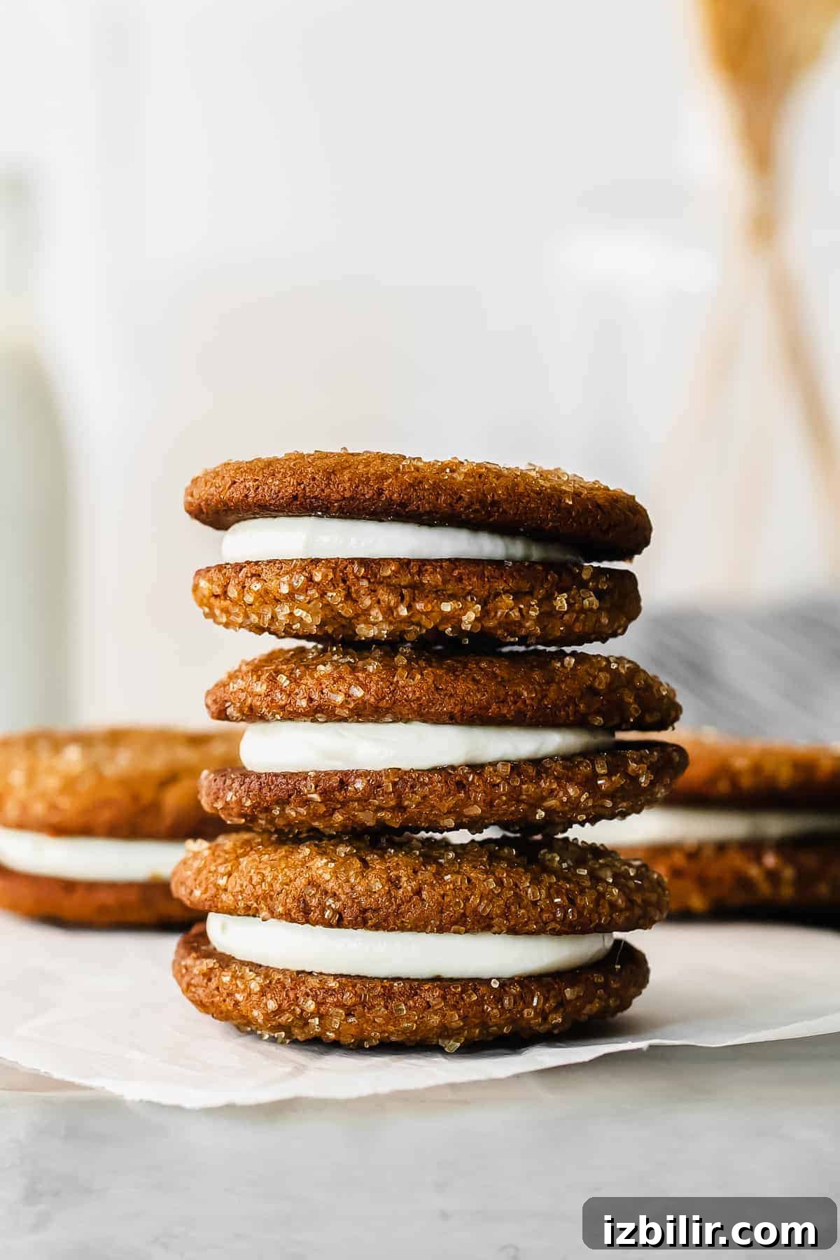 Ginger Molasses Whoopie Pies Recipe with Cream Cheese Filling 7 Stacked ginger whoopie pies.
