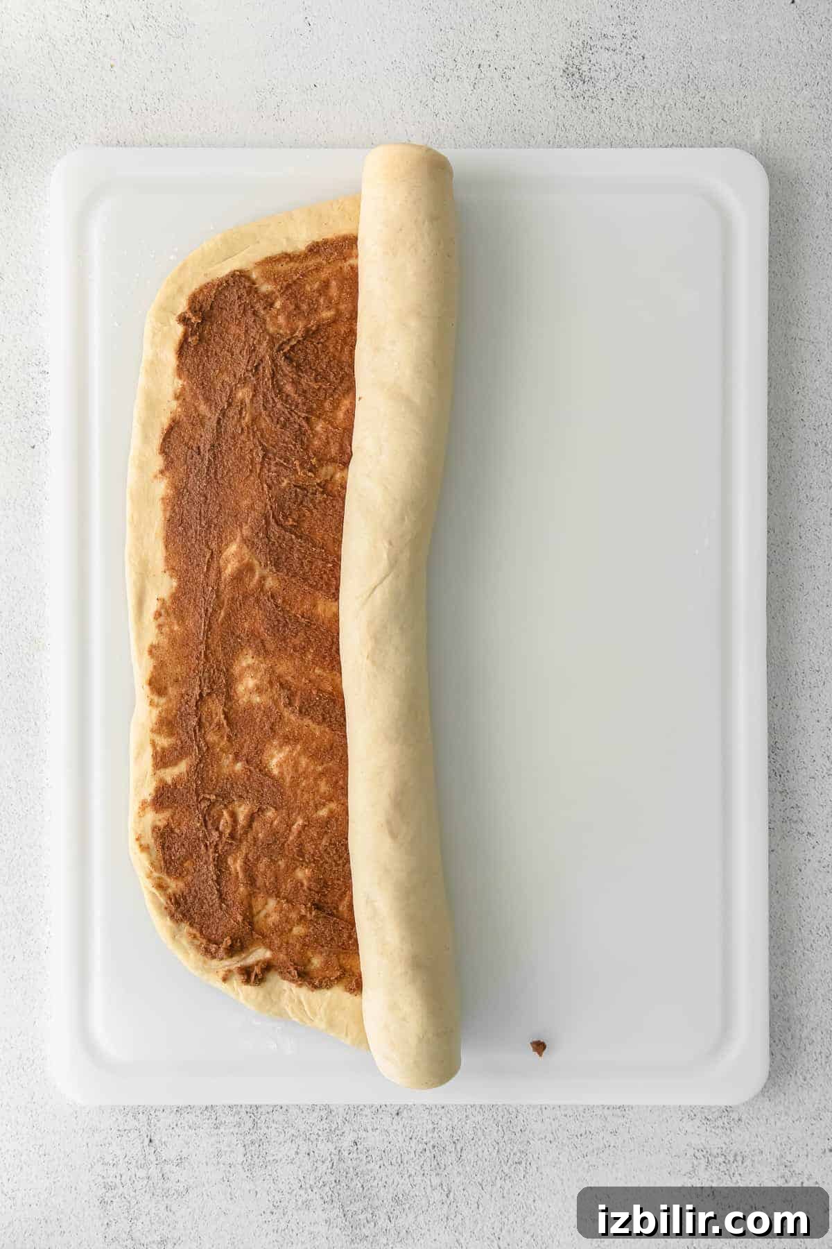 maple cinnamon roll dough being rolled into a tight log