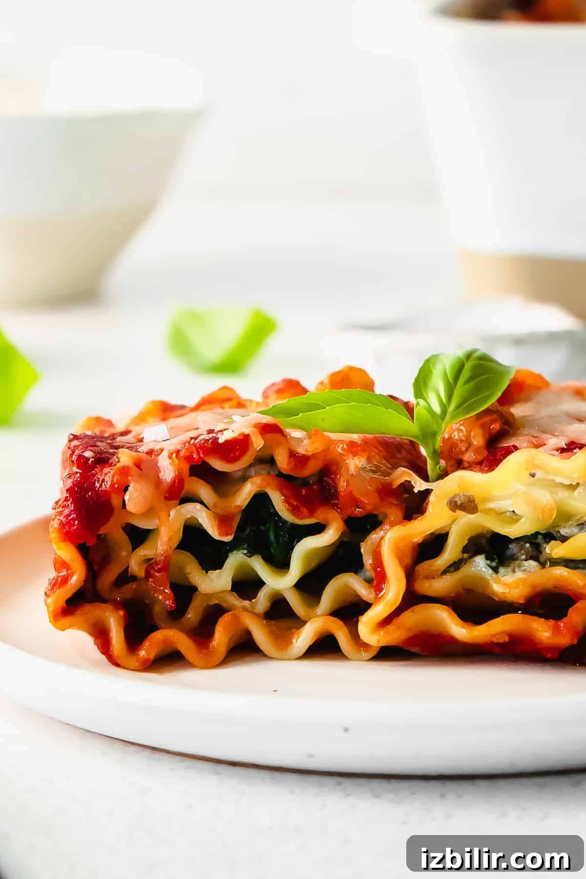 Classic Lasagna Roll-Ups Recipe 2 Lasagna roll ups on a plate.