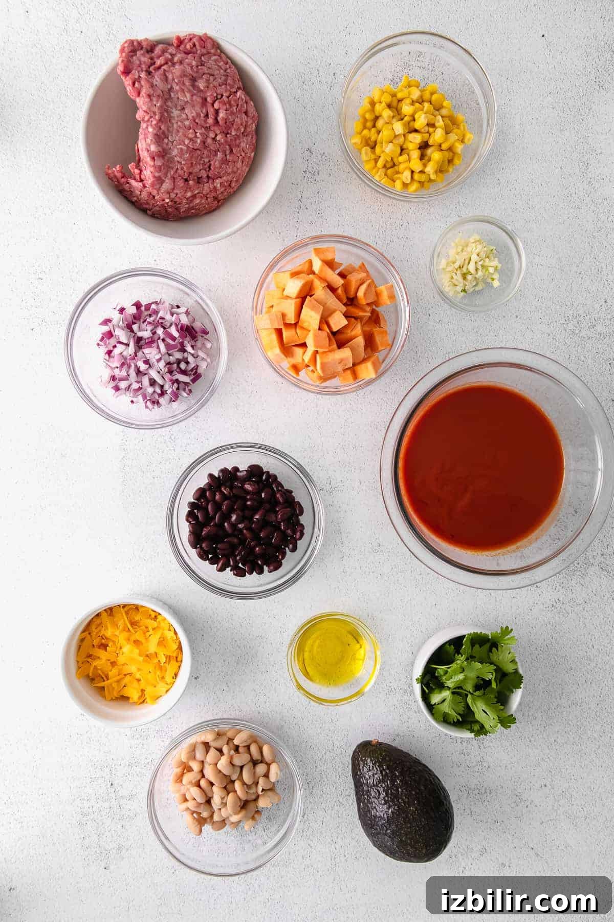 enchilada skillet ingredients in bowls