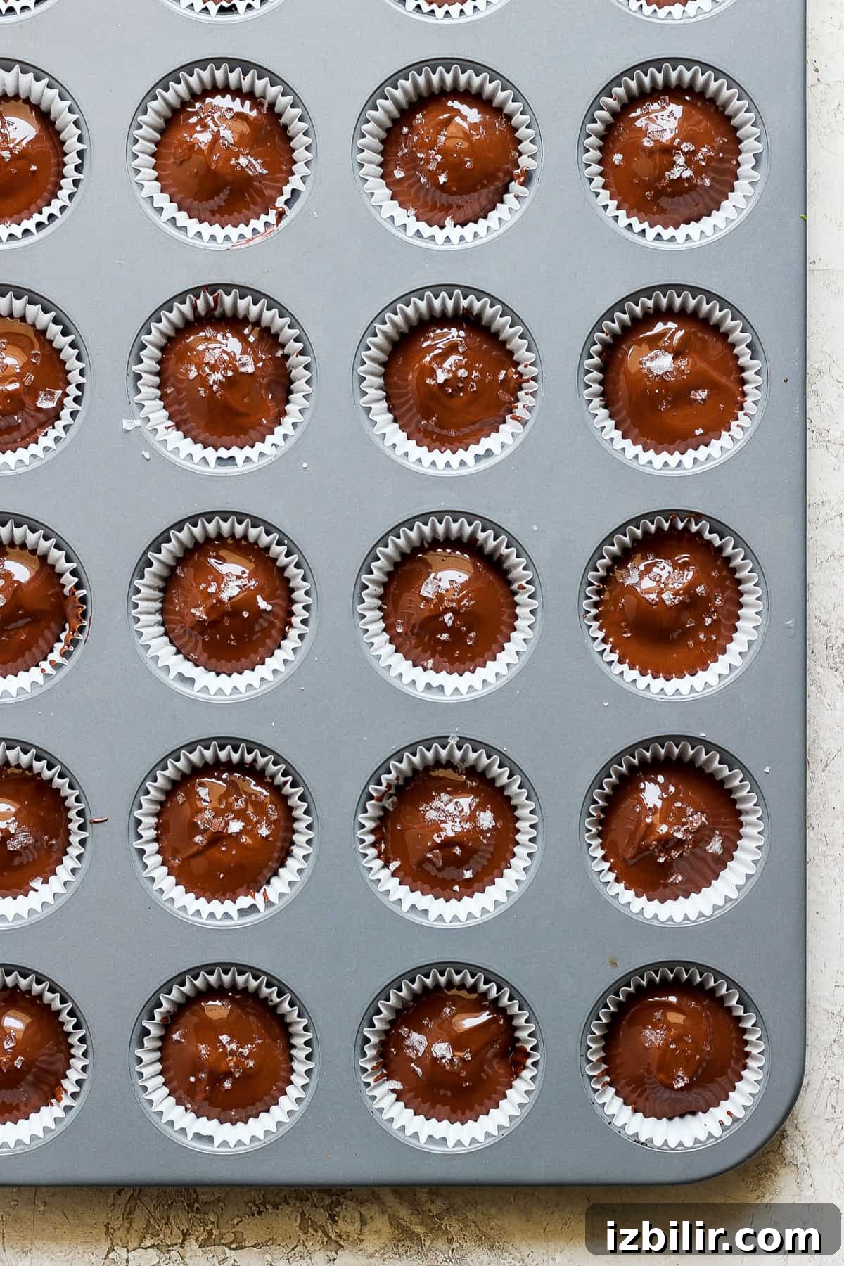 No-Bake Salted Caramel Date Cups Recipe 5 Chocolate cupcakes in a muffin tin.