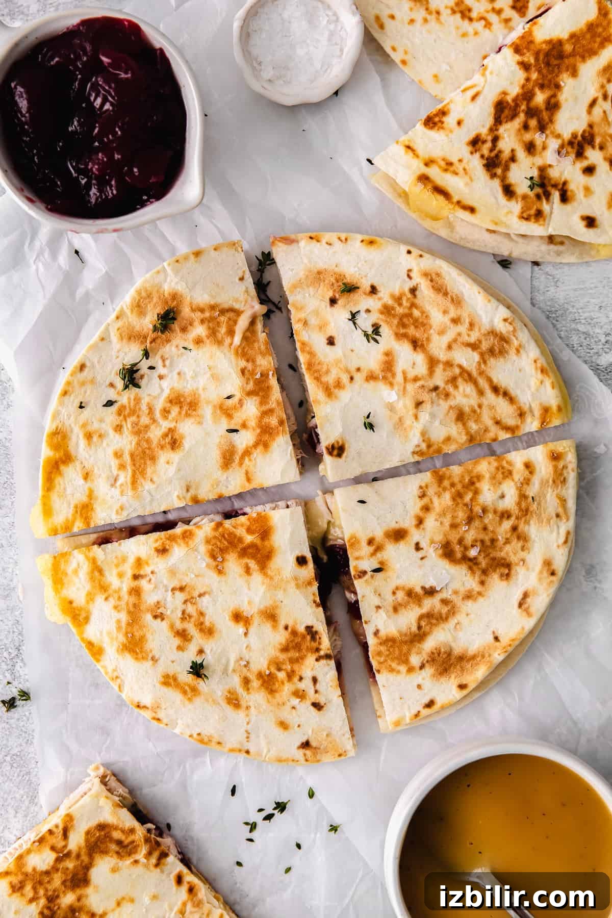 Leftover Thanksgiving Turkey Quesadilla with Cranberry Salsa 5 Leftover Thanksgiving turkey quesadilla cut into 4 slices