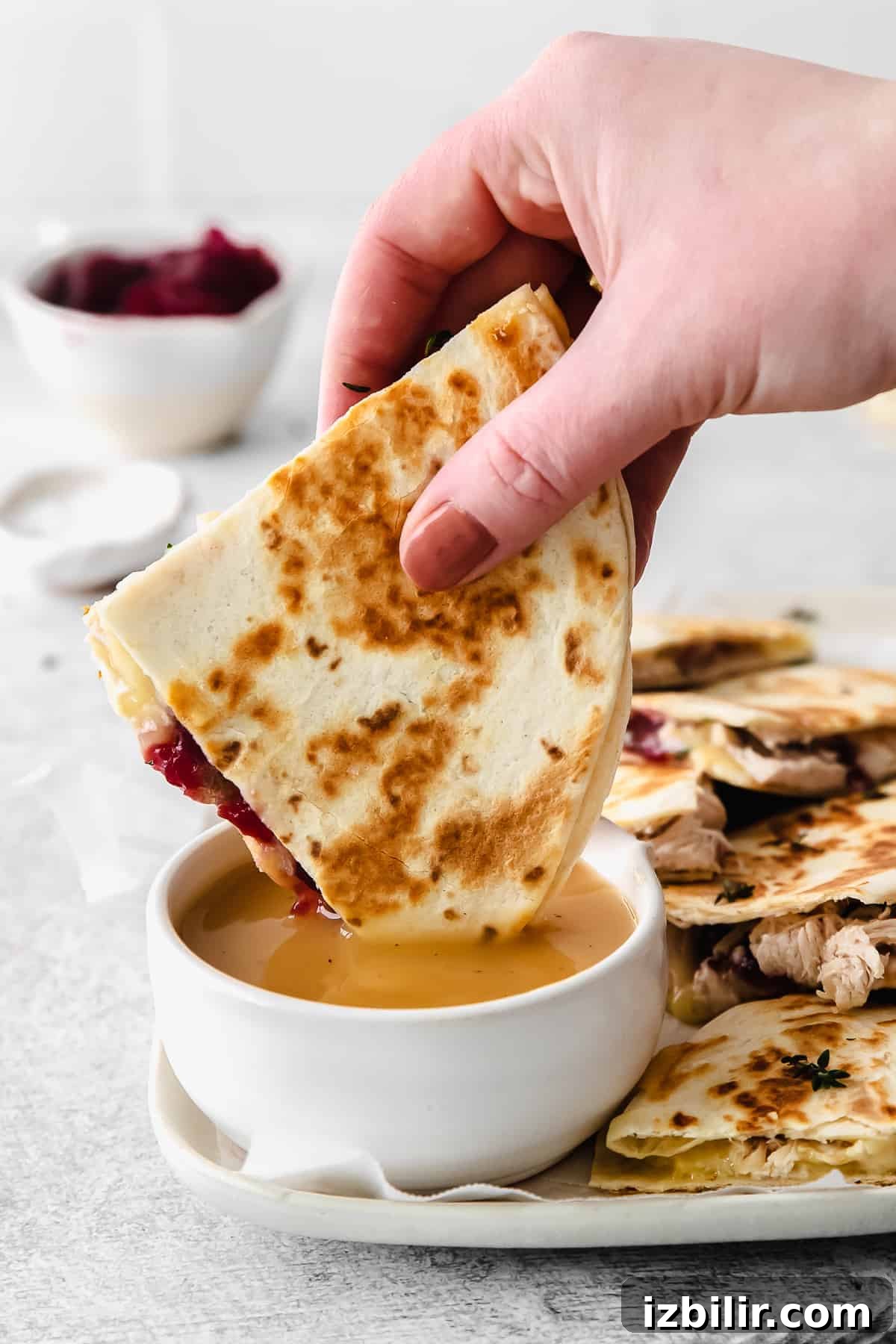 Leftover Thanksgiving Turkey Quesadilla with Cranberry Salsa 8 Leftover Thanksgiving turkey quesadilla being dipped into gravy