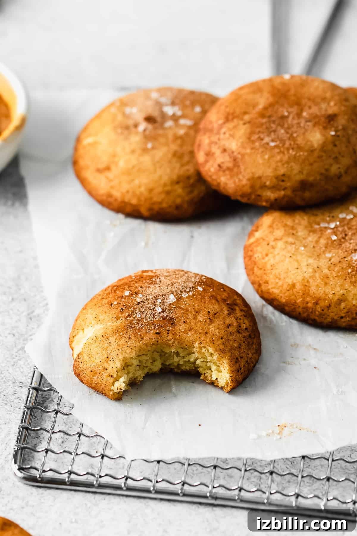 Homemade Snickerdoodle Cookies: Cinnamon Sugar Recipe 9 A snickerdoodle cookie with a bite taken out