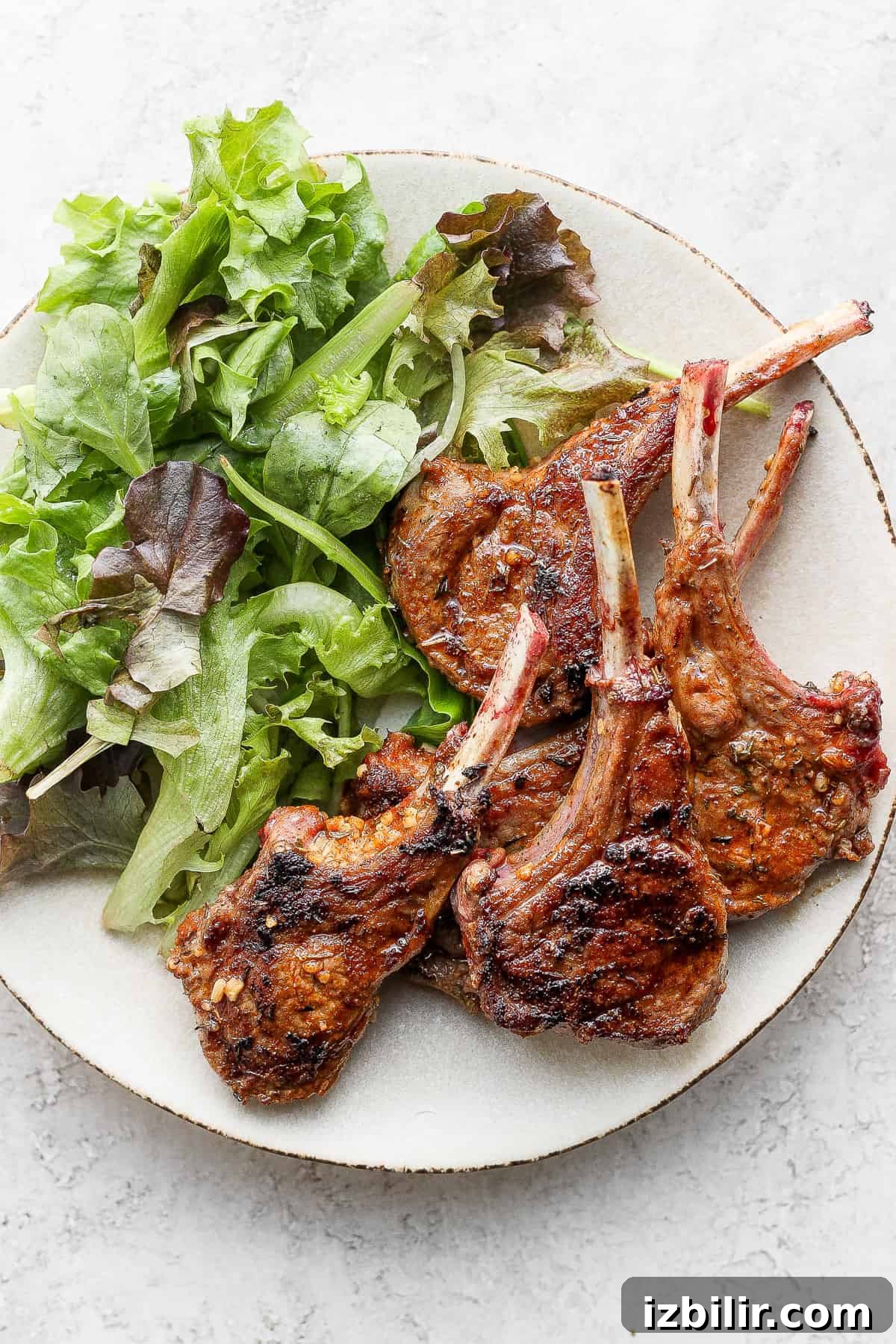 Lamb chops plated with salad pan seared lamb chops on a plate next to a salad