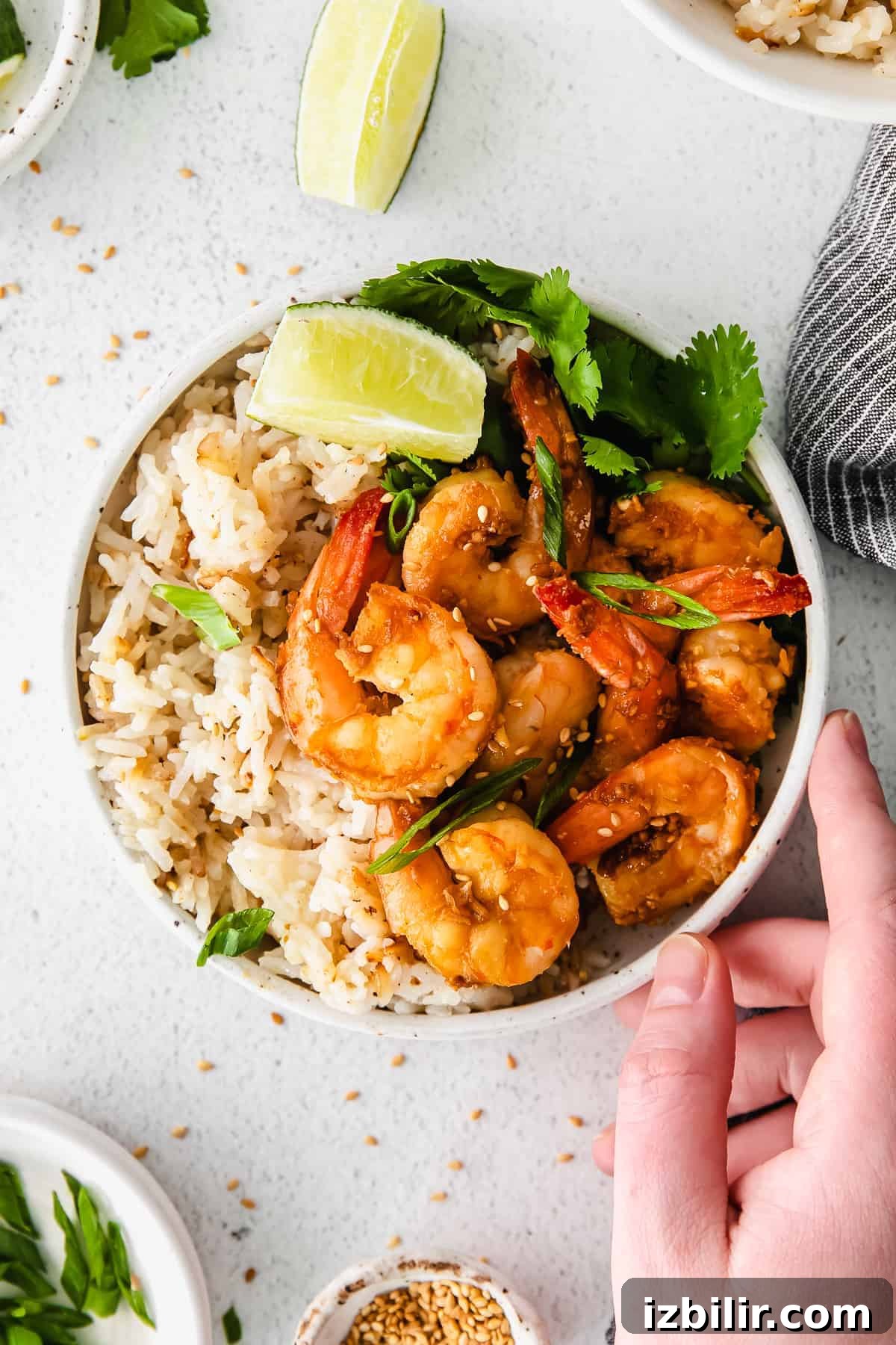 Garlic Butter Sauteed Shrimp with Lemon 7 Shrimp and rice in a bowl.