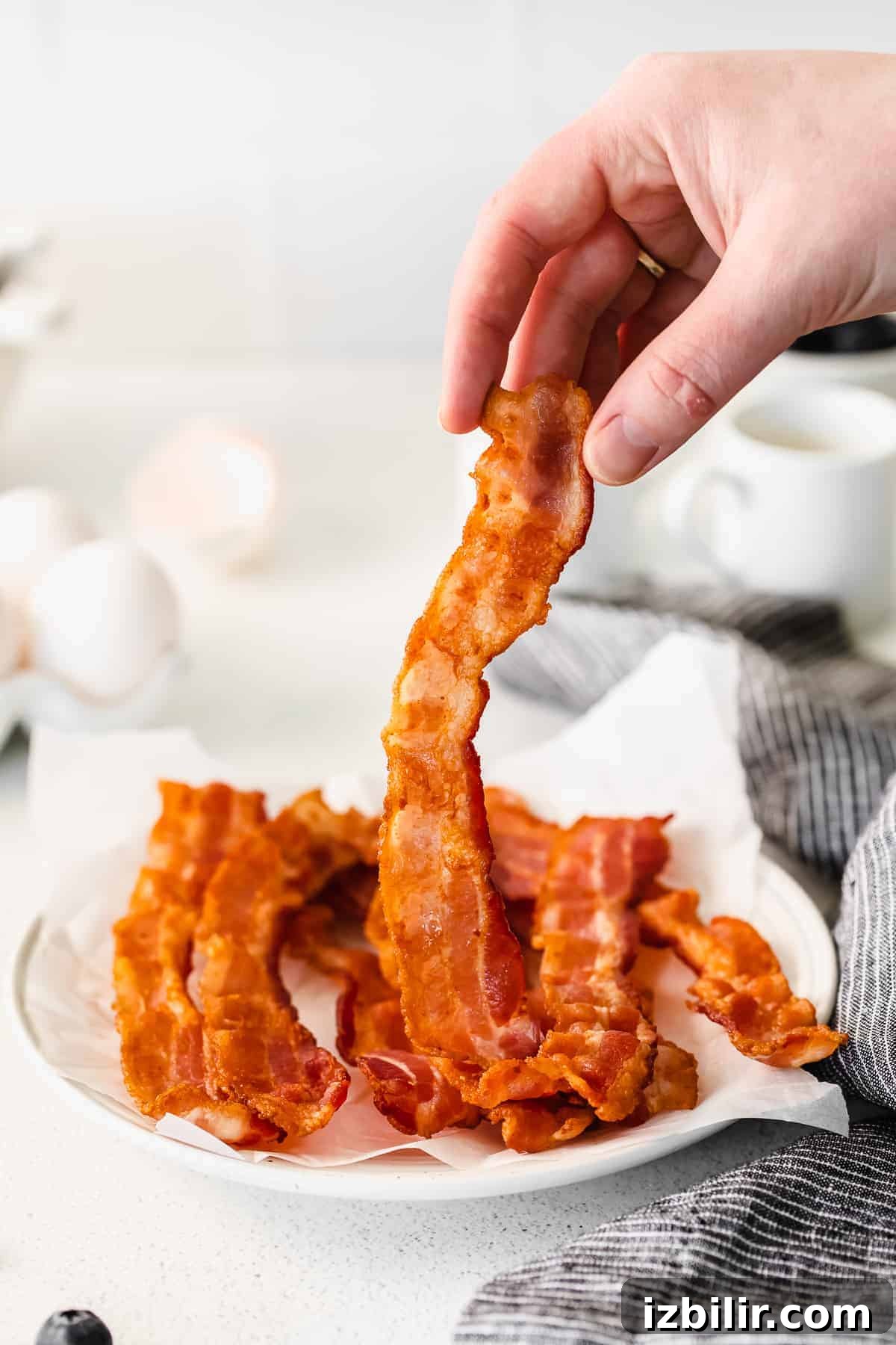 Large batch of cooked bacon cooked bacon on plate
