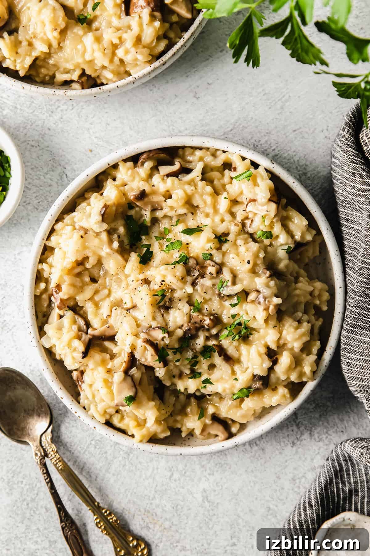 Instant Pot mushroom risotto in a bowl.