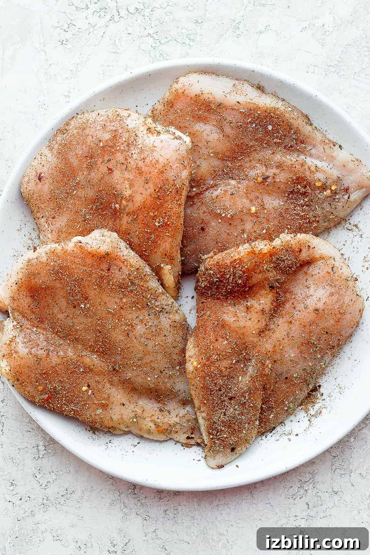 Season chicken breasts evenly before searing chicken breasts on a plate with a chicken dry rub