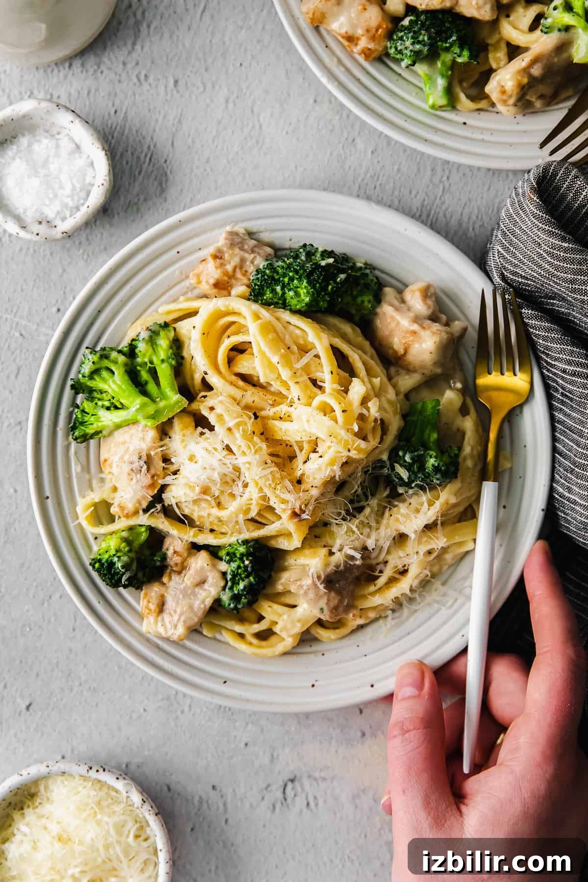 Chicken broccoli alfredo on a plate. 