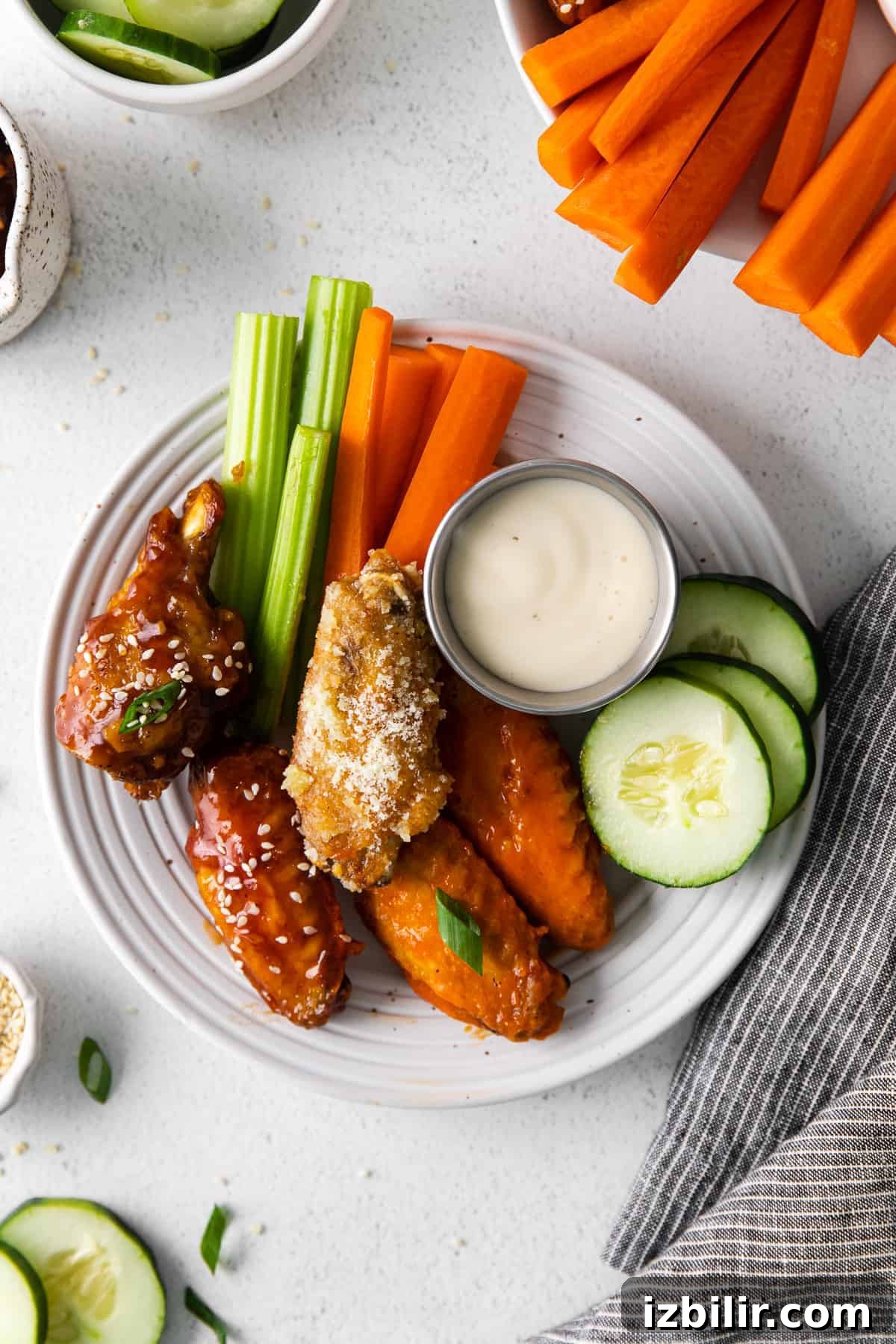 Chicken wings on plate with vegetables.