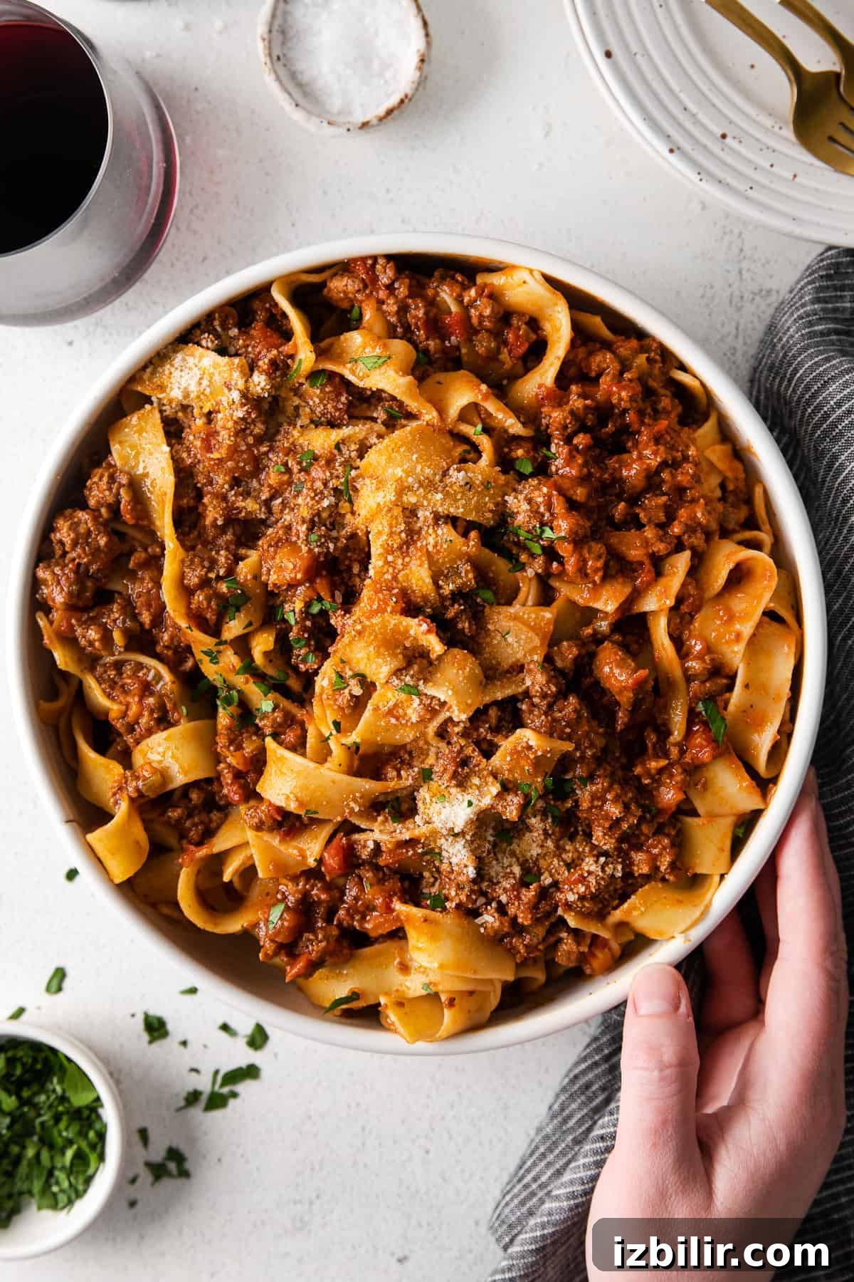 bolognese with pasta in a bowl ready to be served
