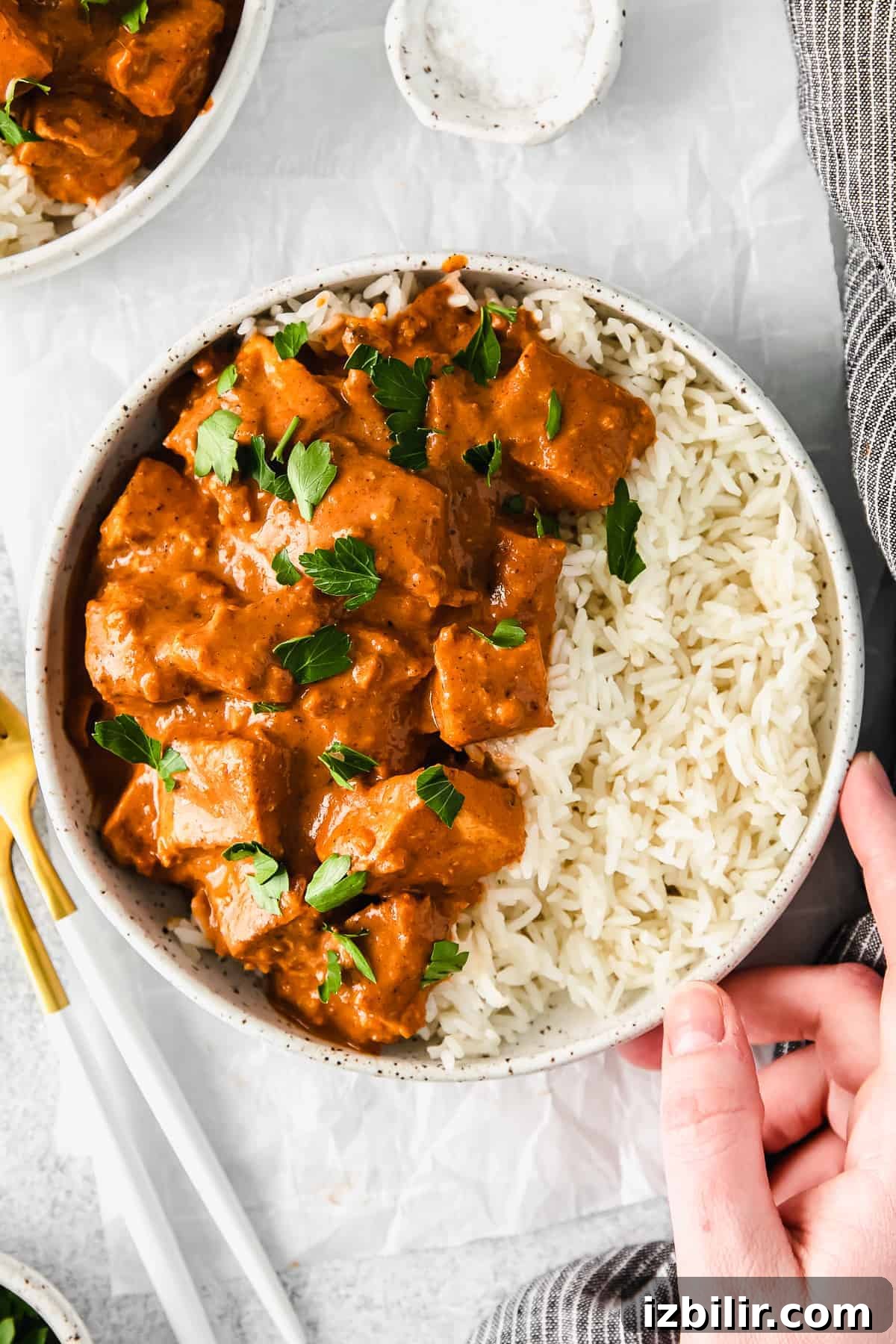 Butter chicken served over rice.