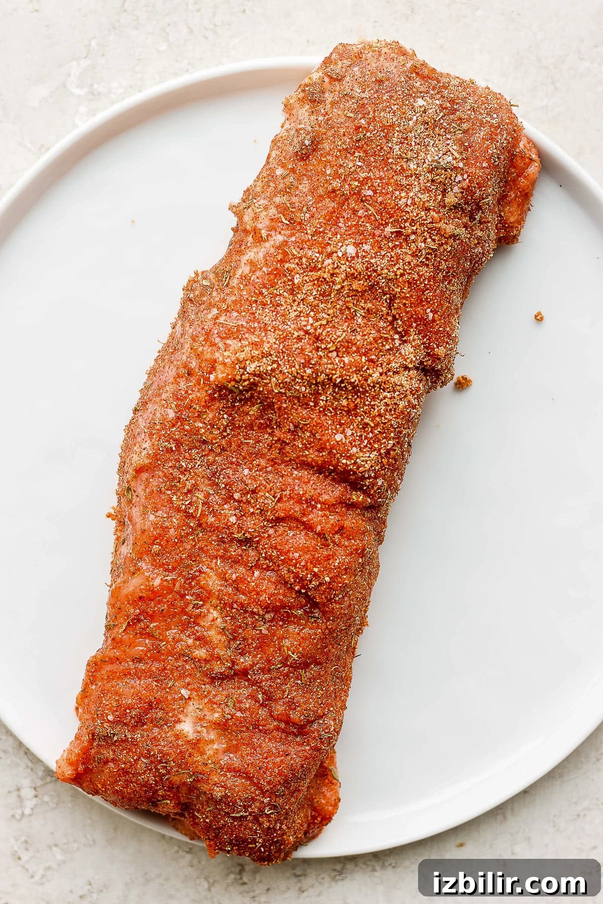 Crispy Air Fryer Pork Tenderloin with Garlic Herb Rub 4 pork tenderloin on a plate with a dry rub