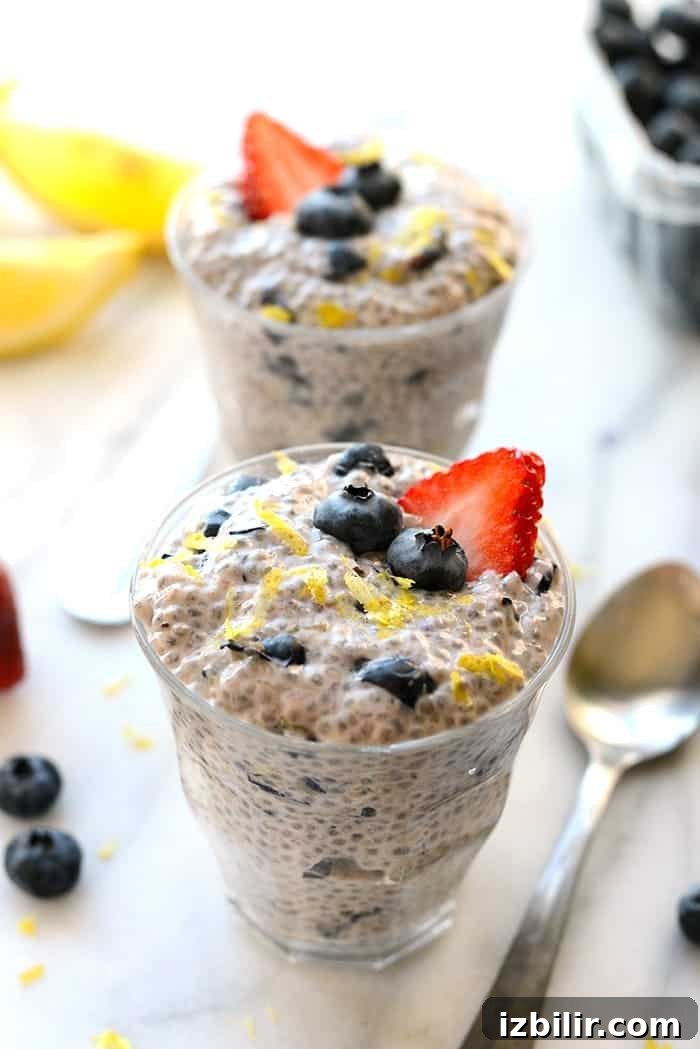 Two servings of blueberry chia seed pudding Two cups of chia seed pudding