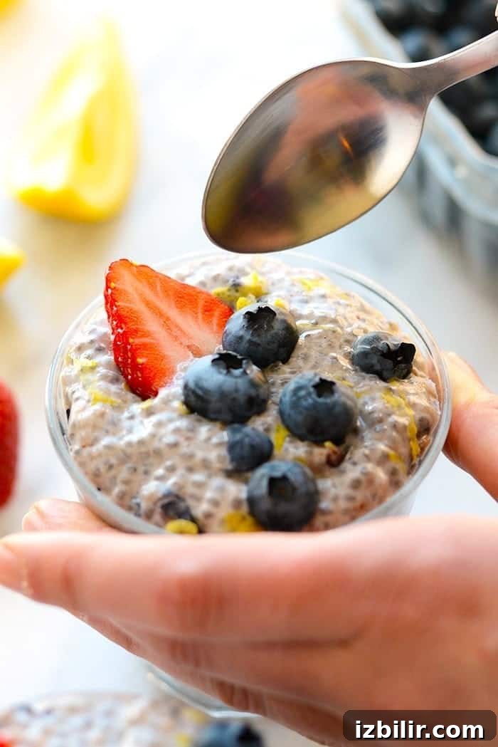 Spoon dipping into blueberry chia seed pudding A spoon dipping into chia seed pudding