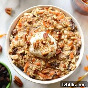 Carrot cake-inspired bowl of oatmeal with whipped cream.