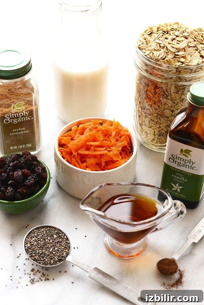 Carrot cake overnight oats in a jar topped with nuts and yogurt.