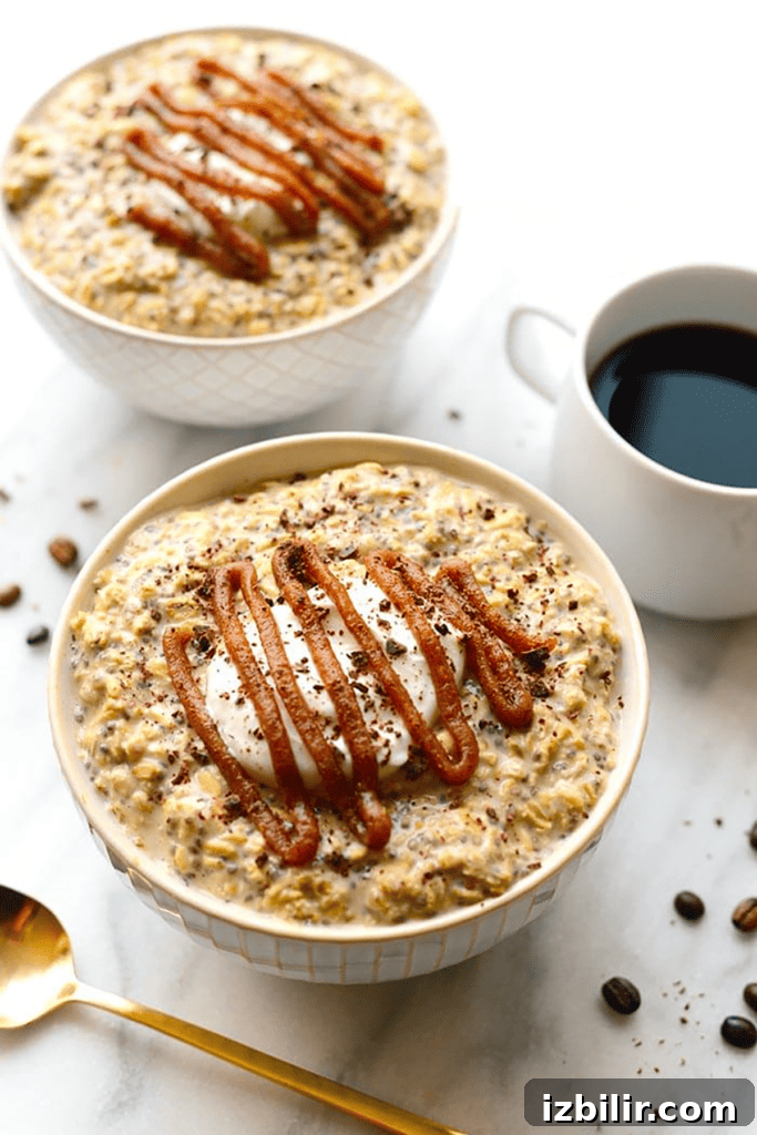 Two bowls of coffee overnight oats with caramel sauce.
