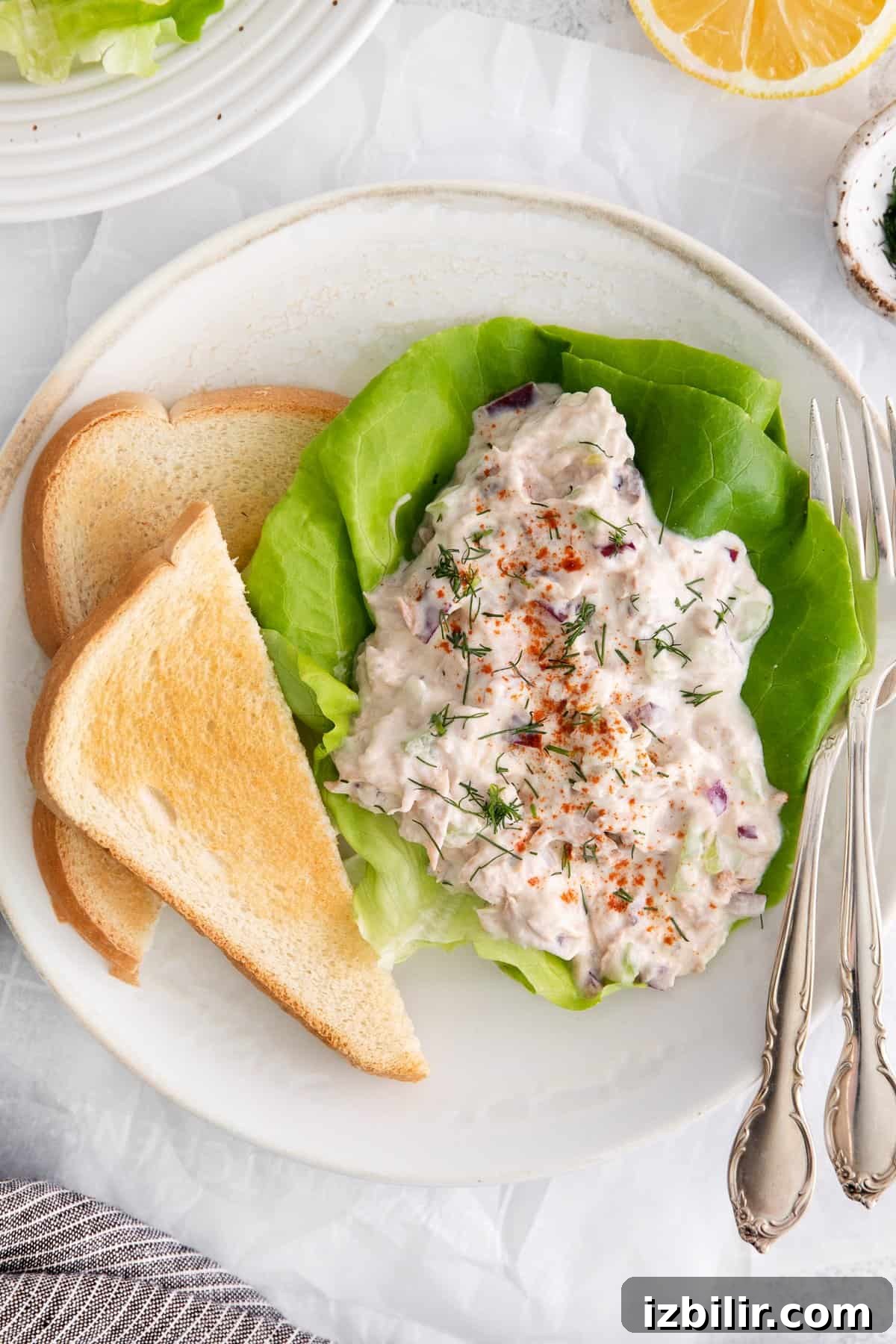 This quick and easy healthy tuna salad recipe only takes 15 minutes to make! Enjoy. Tuna salad on a bed of bib lettuce.