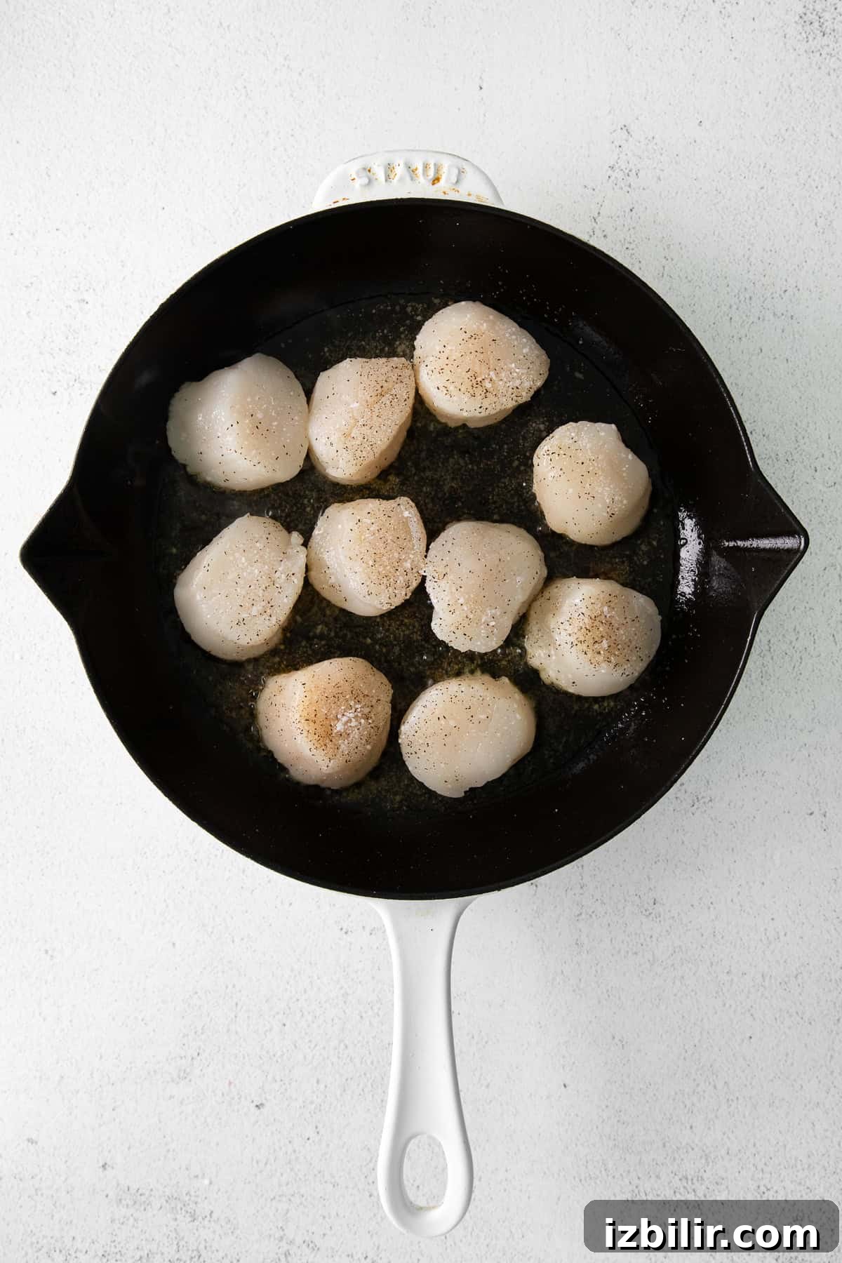 Scallops in a cast iron pan.