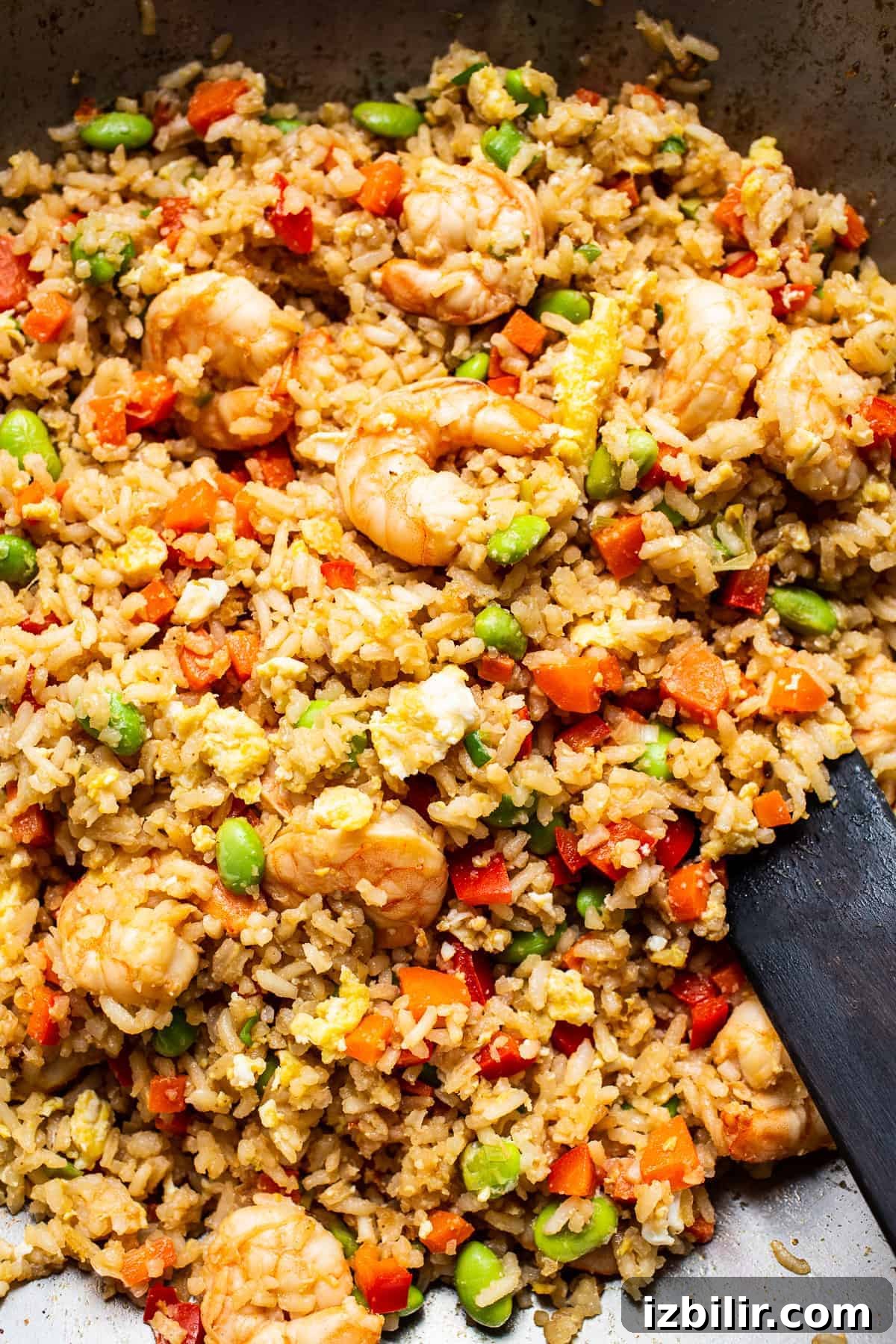 Shrimp fried rice finished in a skillet fried rice in skillet