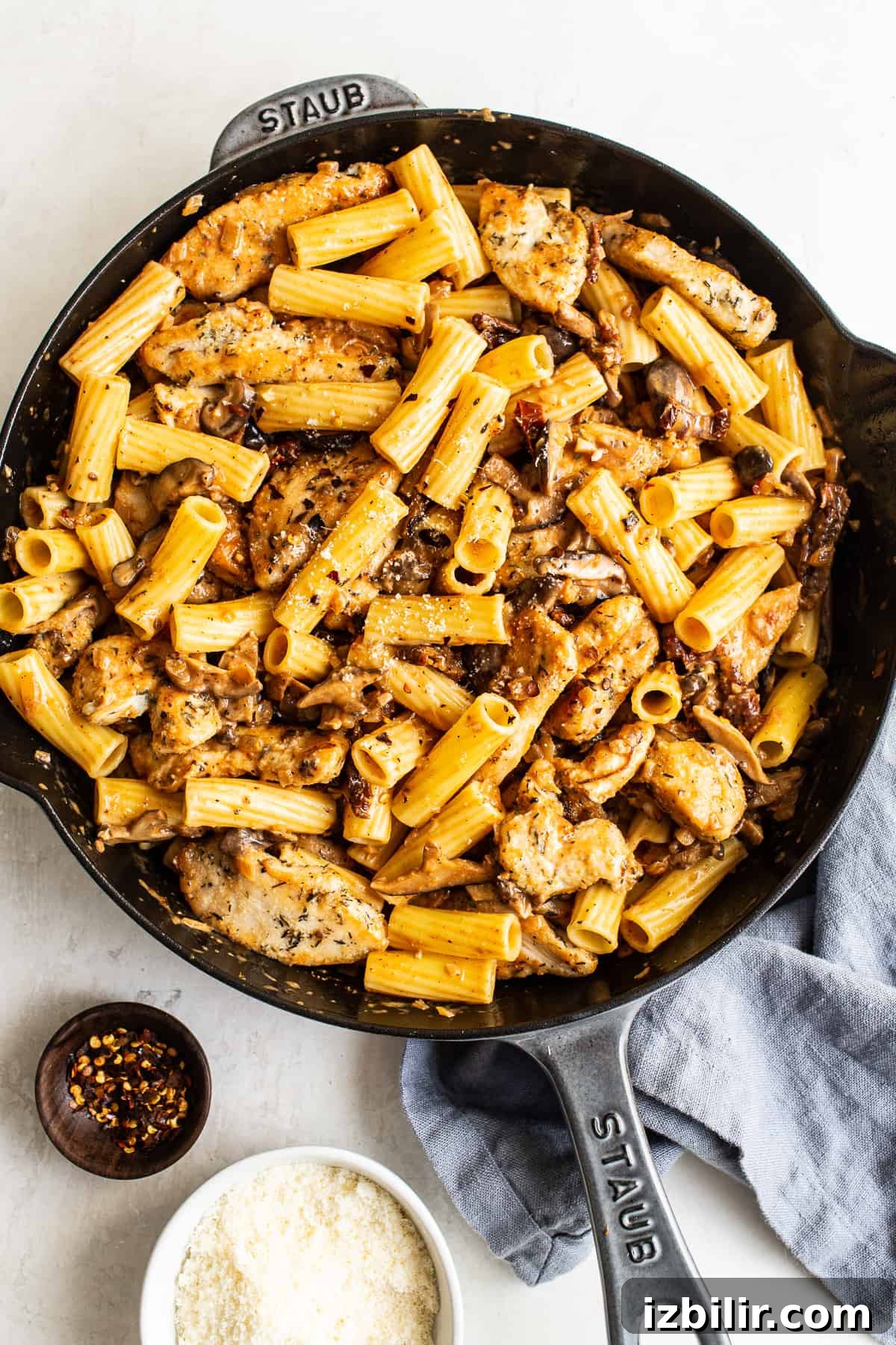 Chicken mushroom pasta in a pan ready to serve