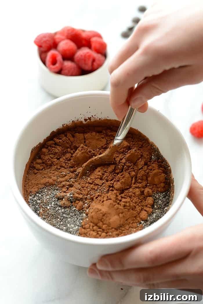 chocolate chia seed pudding ingredients being stirred
