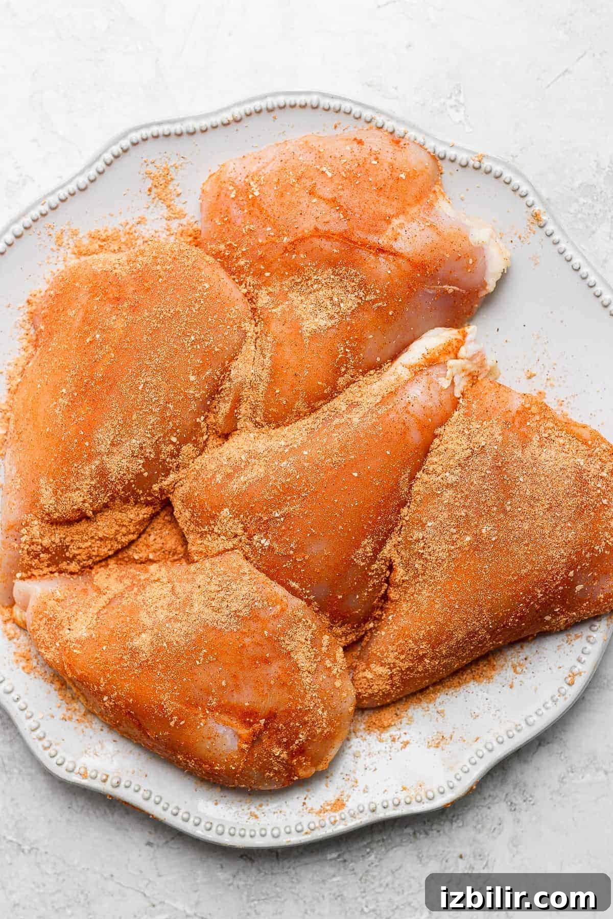 Seasoned chicken breast ready for slow cooking. chicken breast on plate with taco seasoning.