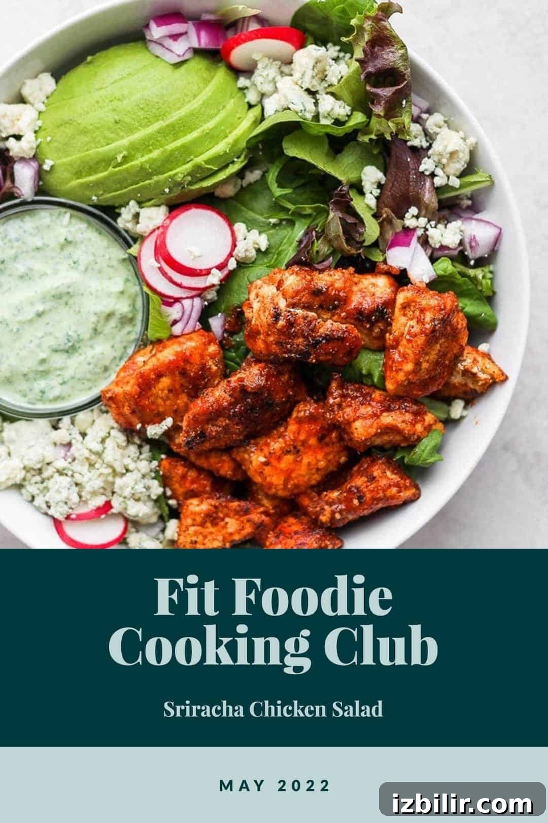 This month we’re making a Fit Foodie reader fave! This 5-star Sriracha Chicken Salad is is a delectable combination of fresh greens, spicy chicken, and a tangy Greek green goddess dressing! salad in bowl.