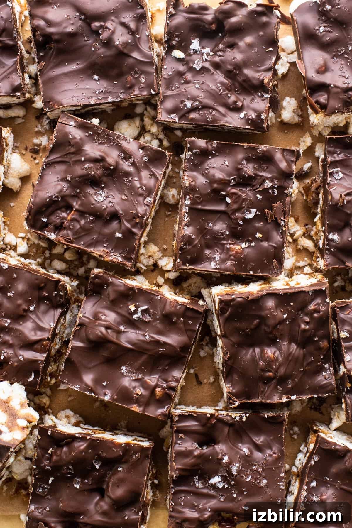 No-Bake Rice Cake Magic Bars Recipe with Chocolate and Nuts 2 A tray of chocolate covered bars on a table.