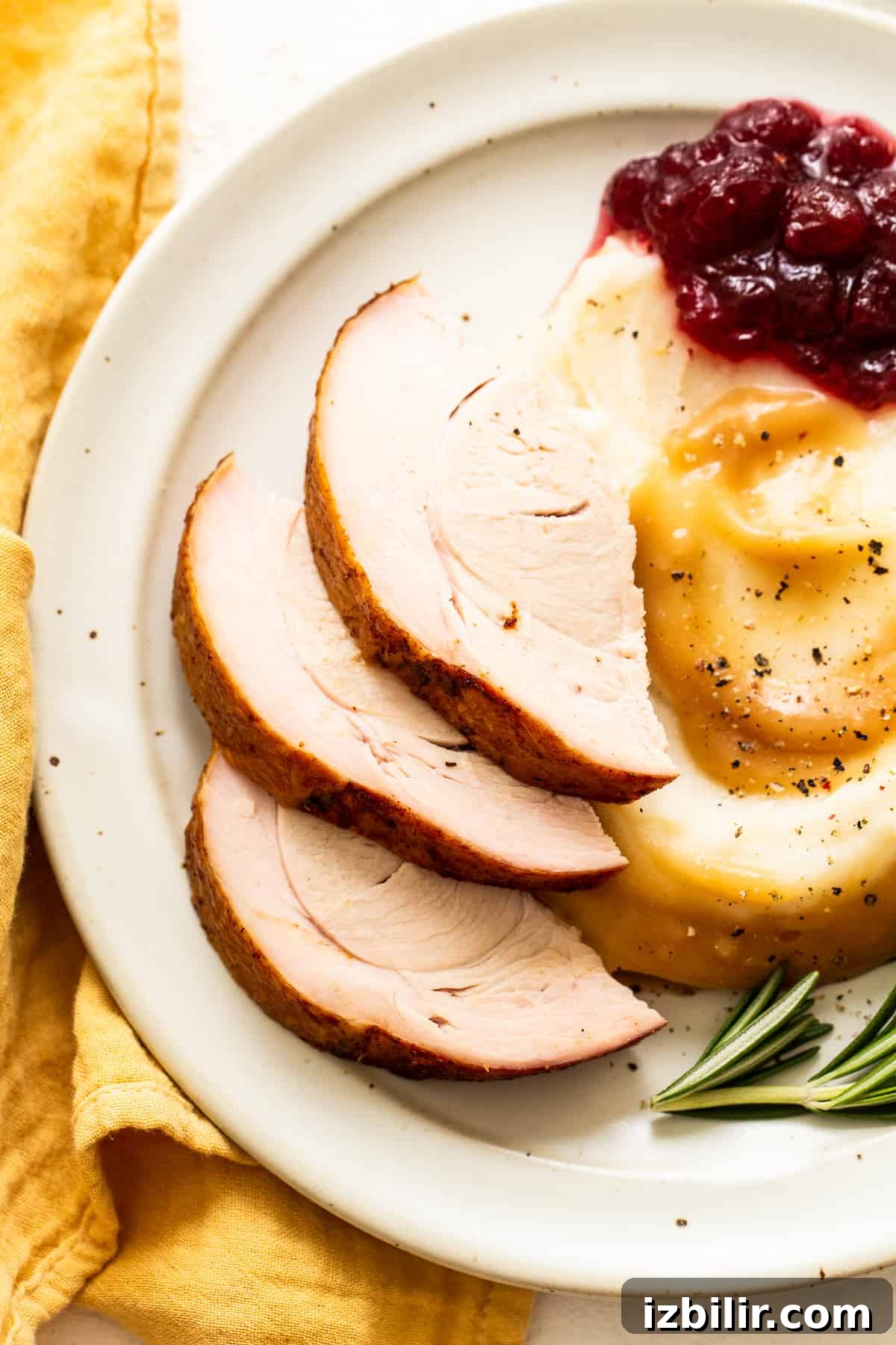 Smoked Turkey Breast Recipe for Juicy, Flavorful Meat 6 Sliced turkey plated with mashed potatoes and cranberry sauce.