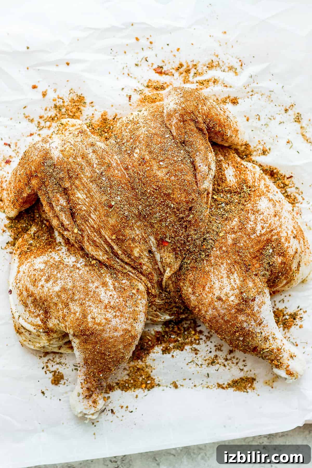 whole chicken rubbed with spices.