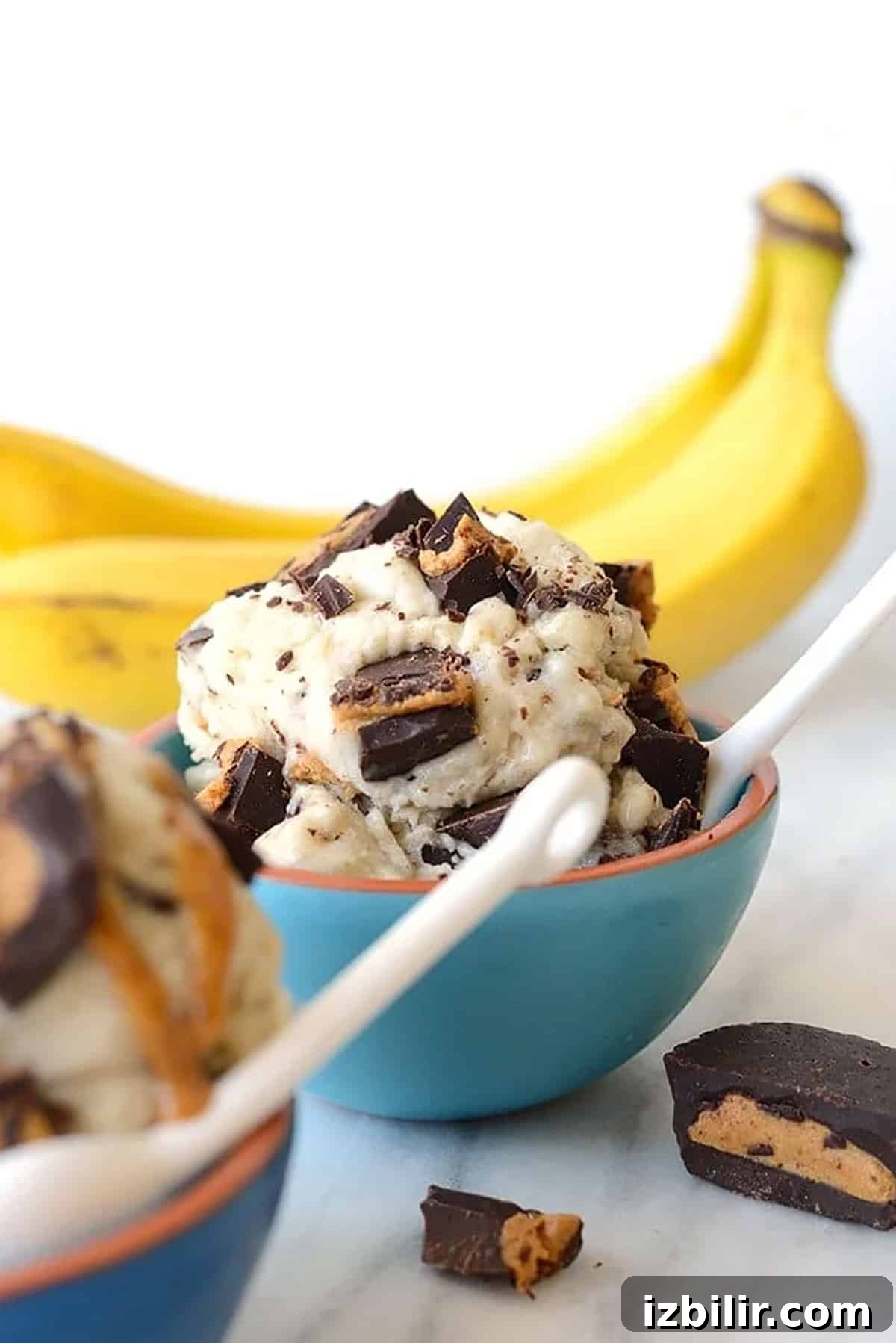 Vegan Peanut Butter Cup Banana Nice Cream Recipe 2 Peanut butter cup banana nice cream in a bowl with peanut butter cups