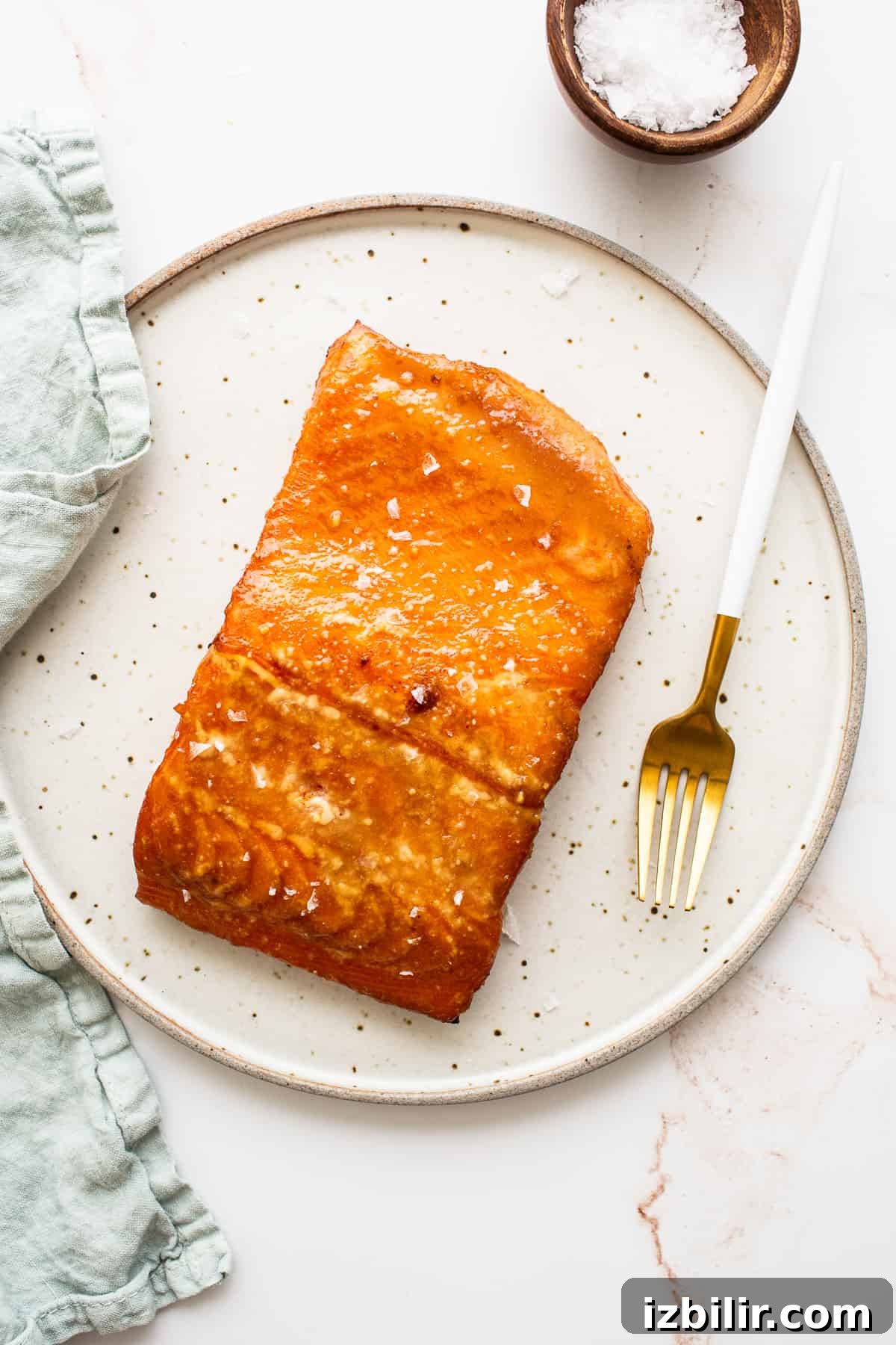Smoked Salmon with Maple Mustard Glaze 9 A filet of smoked salmon on a plate.