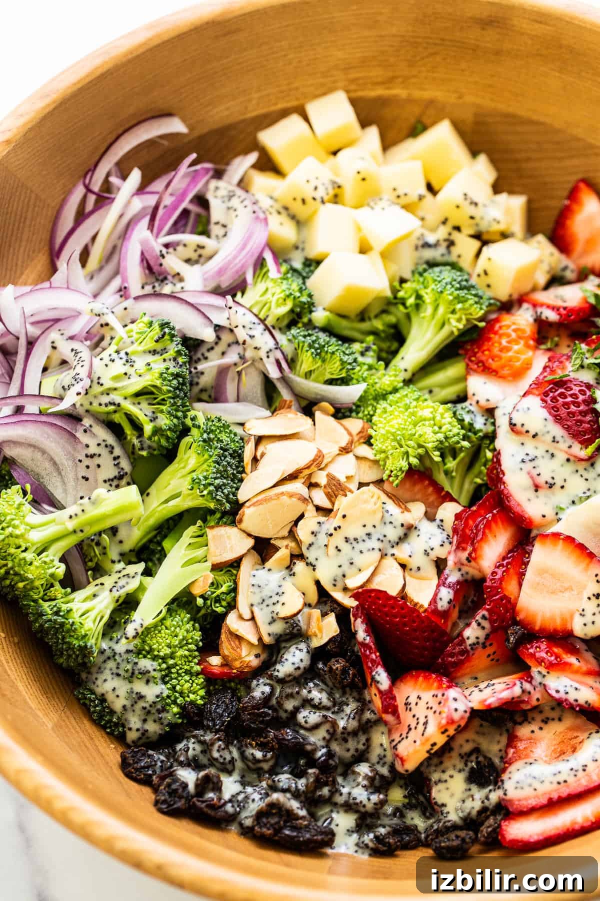 Fresh Strawberry Broccoli Salad Recipe with Poppy Seed Dressing 5 Strawberry broccoli salad topped with poppy seed dressing.