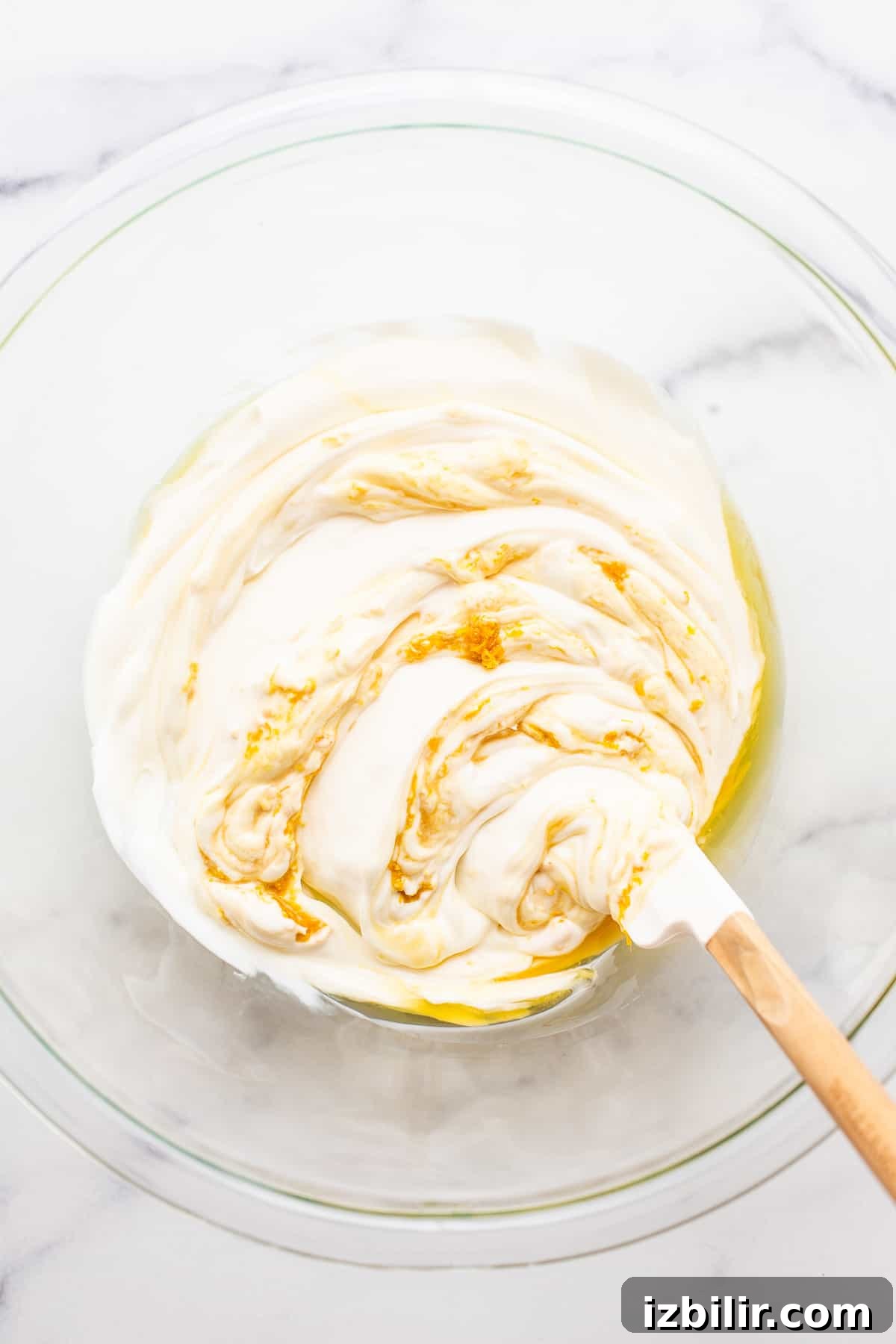 Fruit dip ingredients mixed in a bowl.