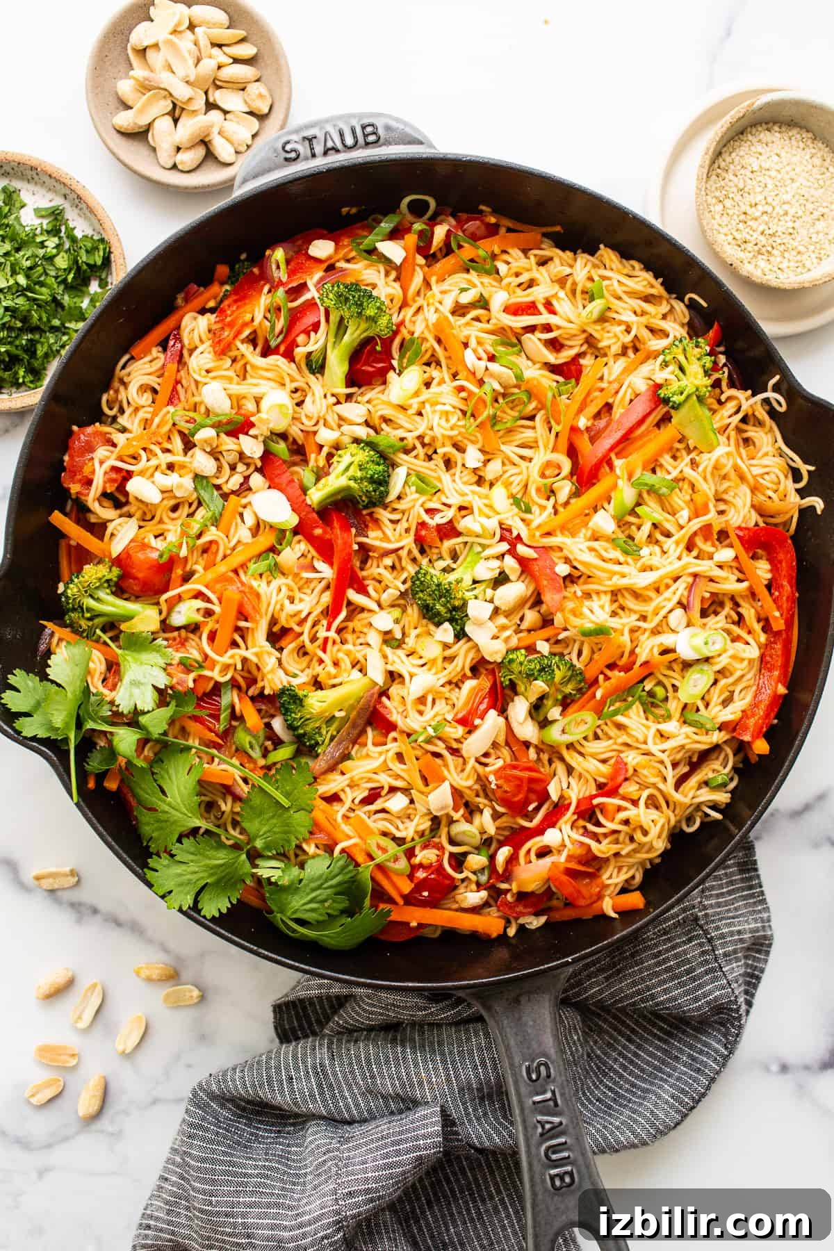 peanut noodles in cast iron.